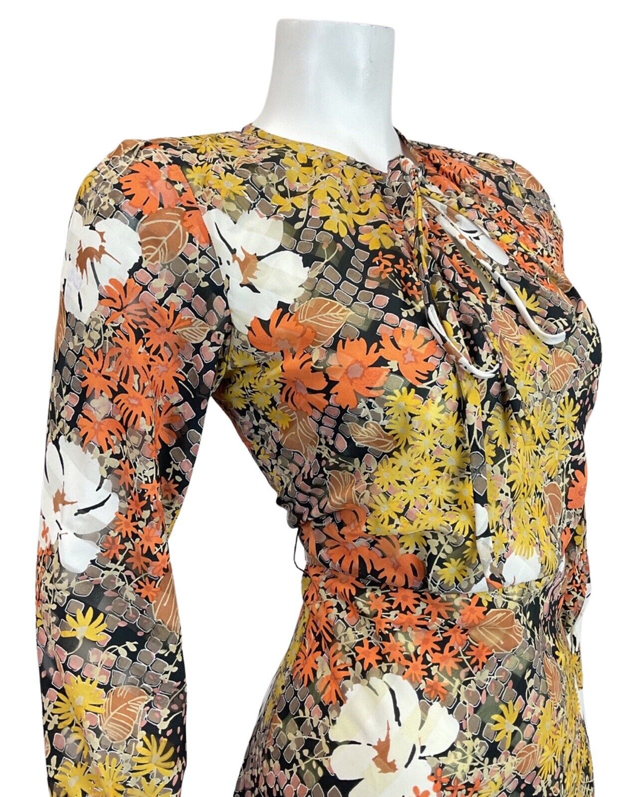 VINTAGE 60s 70s ORANGE YELLOW BLACK PSYCHEDELIC FLORAL SWING DRESS 10