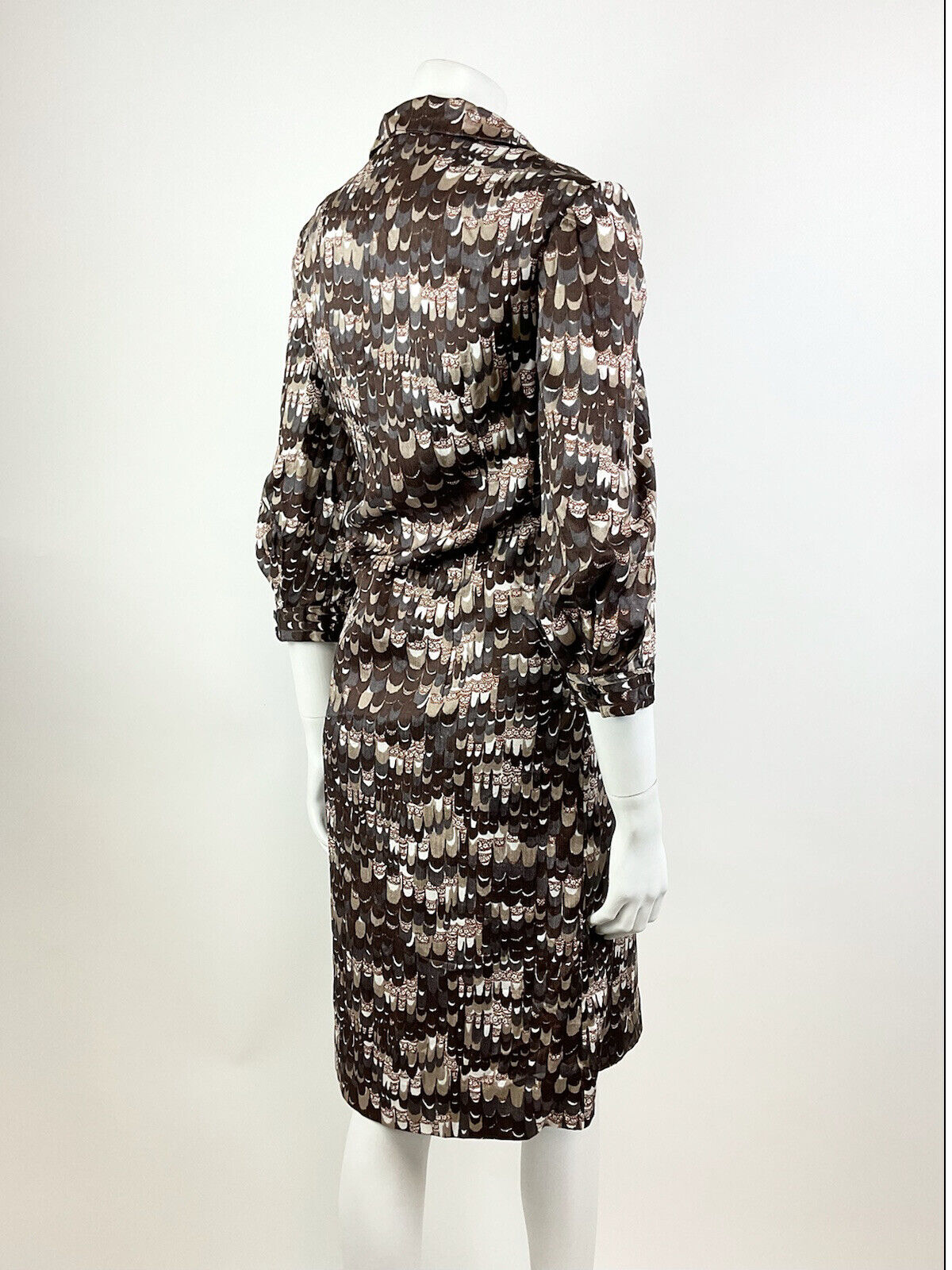 VTG 60s 70s BROWN WHITE SILVER PSYCHEDELIC SCALES SPOON COLLAR SHIRT DRESS 14 16