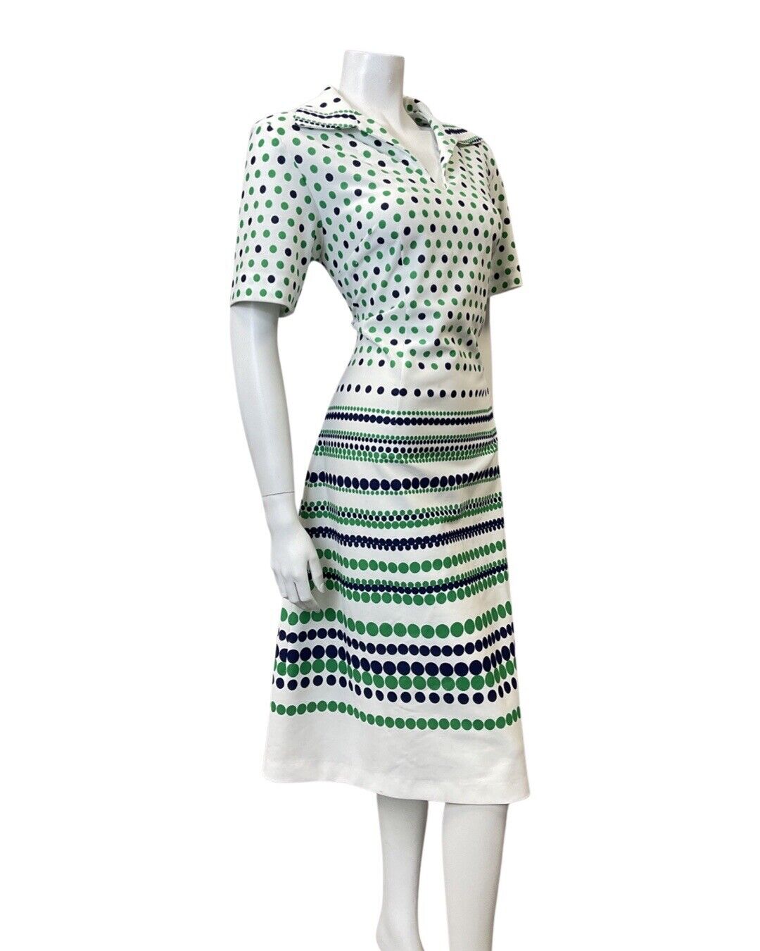 VINTAGE 60s 70s WHITE GREEN BLUE POLKA-DOT STRIPED MOD SHIRT DRESS 14 16