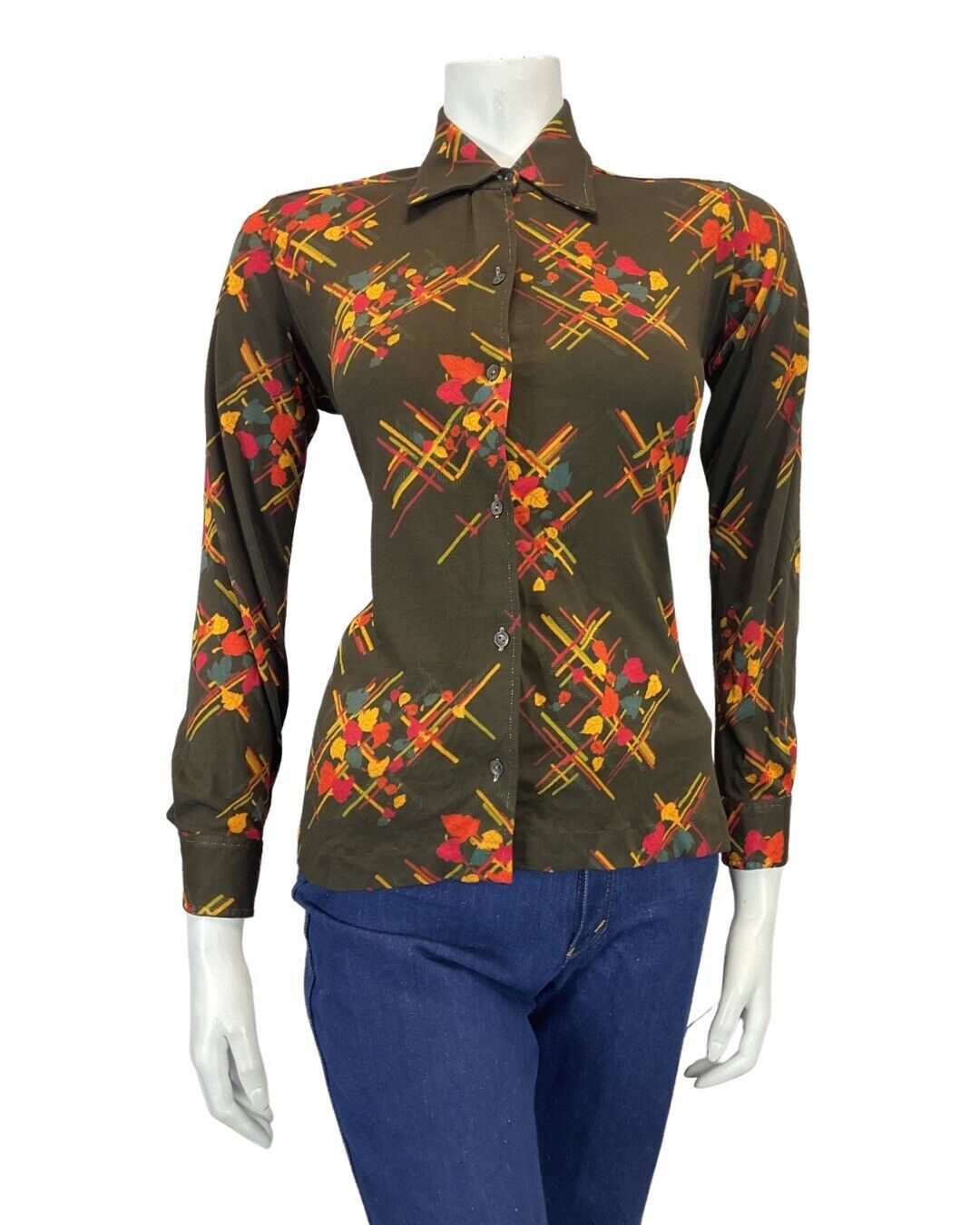 VINTAGE 60s 70s BROWN ORANGE FLORAL LEAFY STRIPED MOD DAGGER SHIRT 12 14
