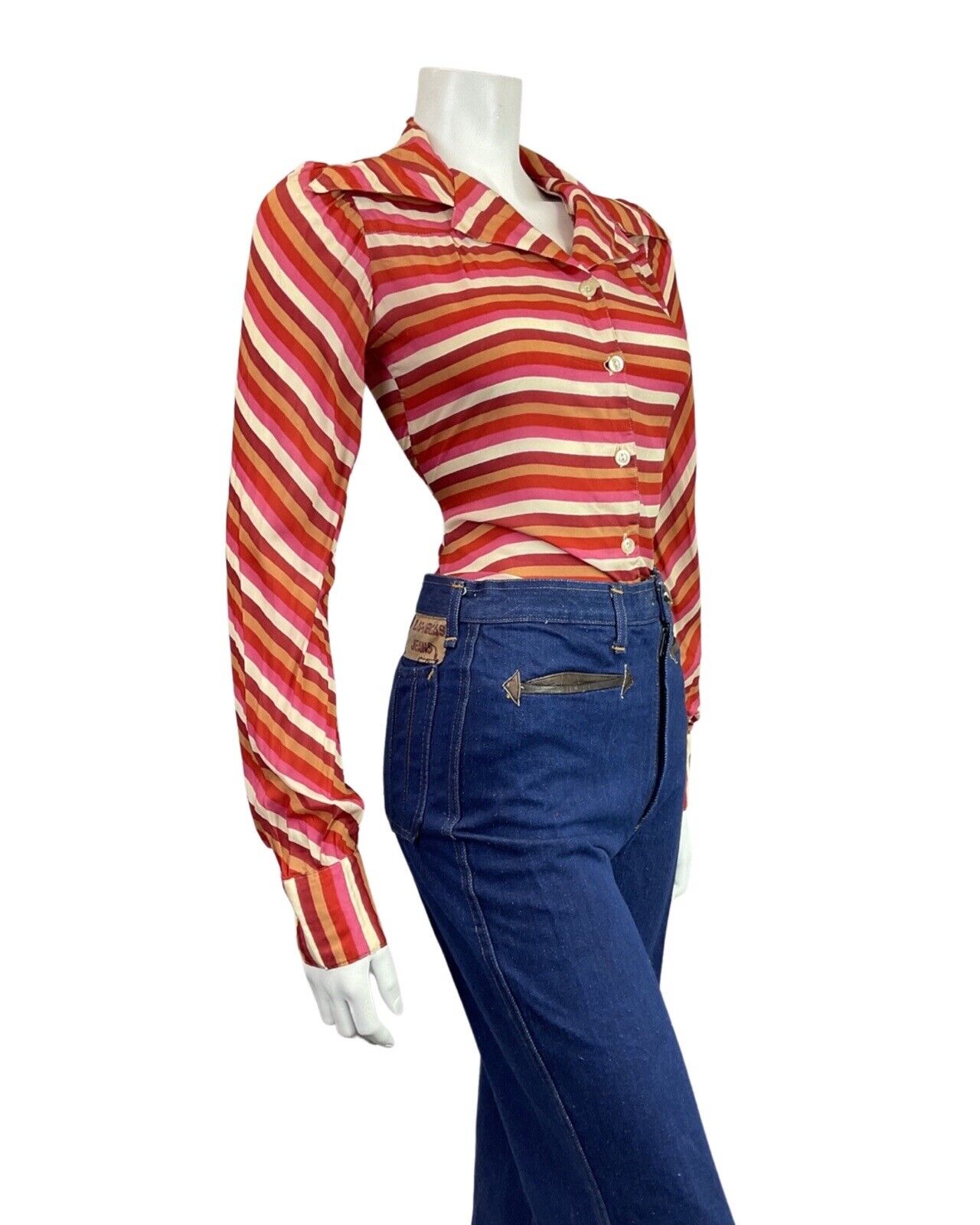 VINTAGE 60s 70s PINK RED GOLD STRIPED MOD DAGGER COLLAR SHIRT 8