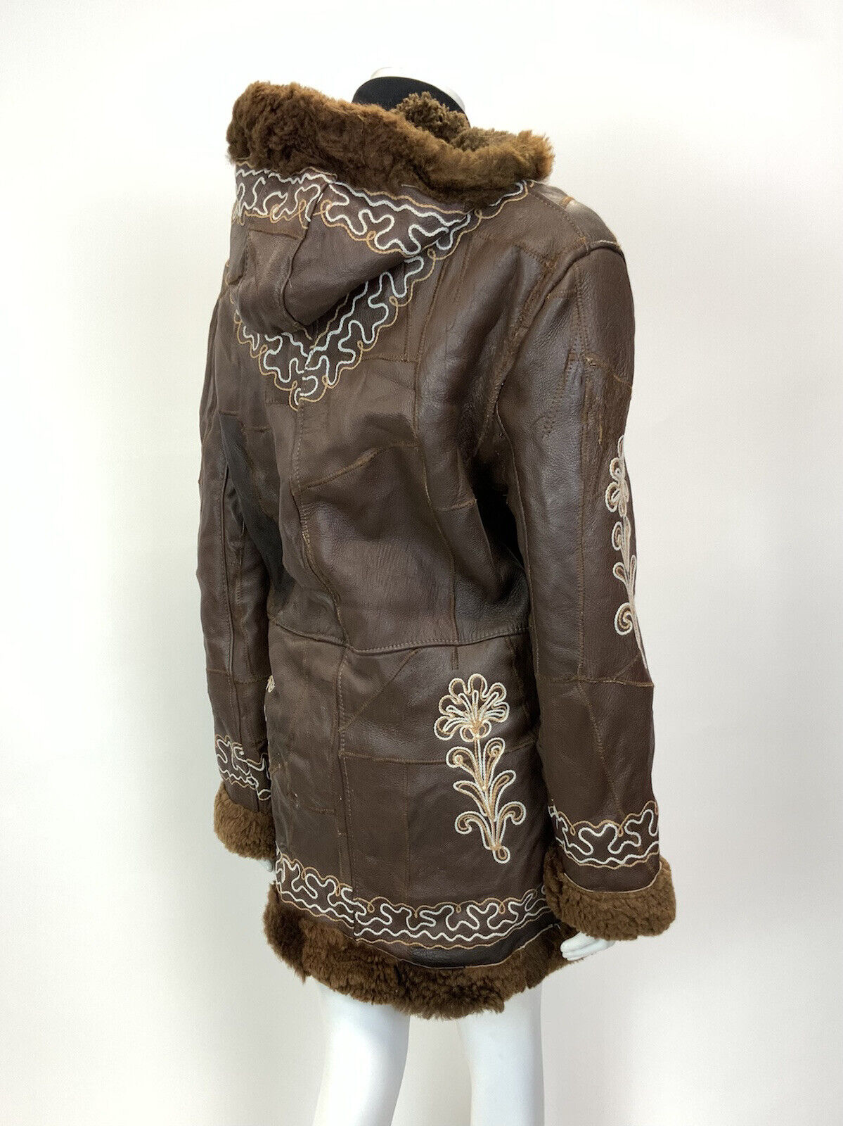 VTG 60s 70s BROWN WHITE EMBROIDERED FLORAL PATCHWORK HOODED LEATHER COAT 16 18