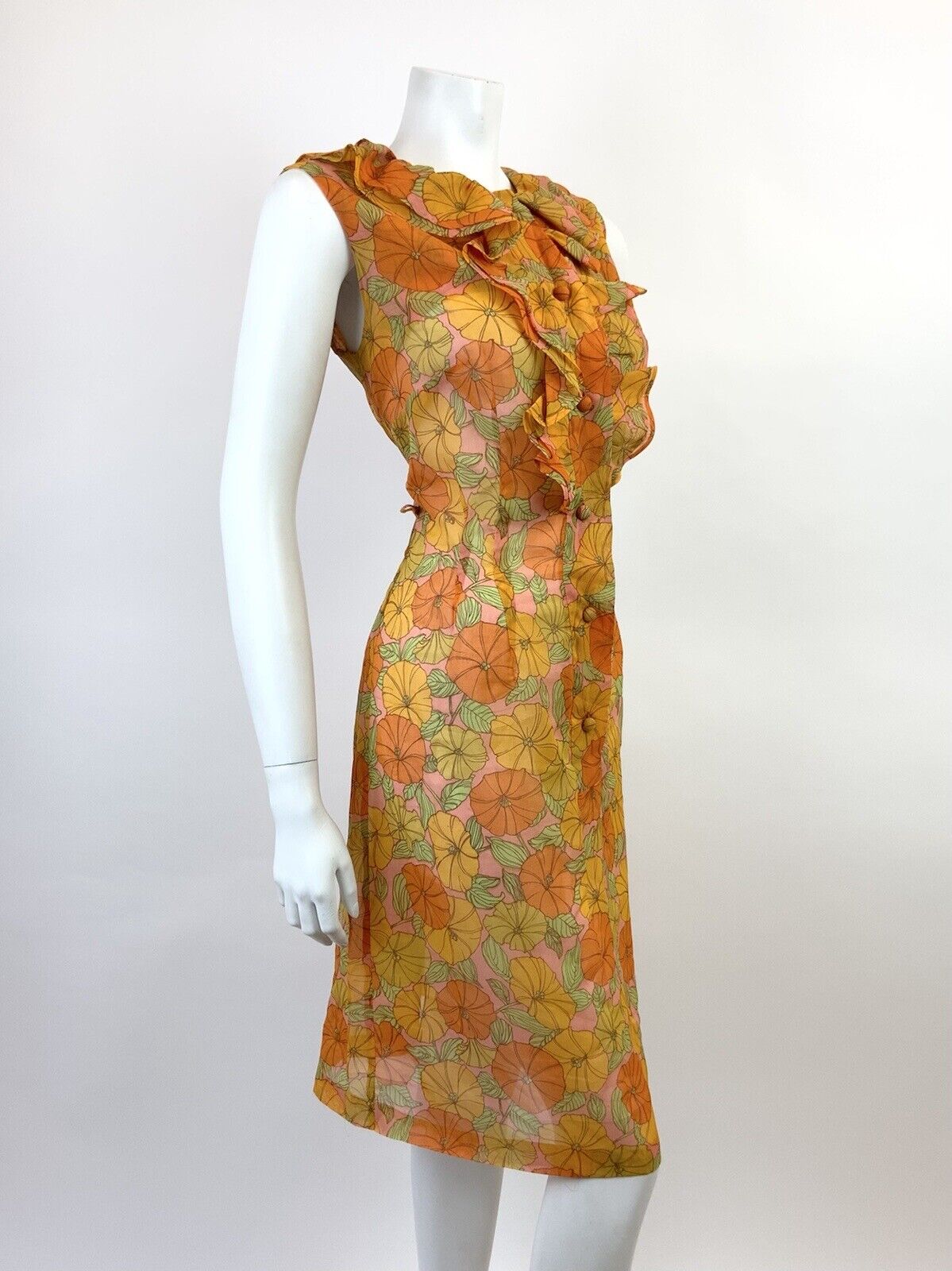 VINTAGE 60s 70s ORANGE PINK YELLOW GREEN FLORAL RUFFLE SHEER MOD DRESS 10 12