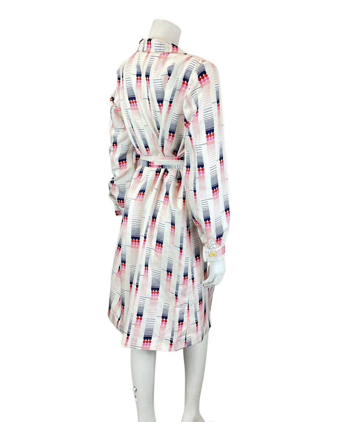 VINTAGE 60s 70s WHITE PINK BLUE GEOMETRIC MOD BELTED SHIRT DRESS 14