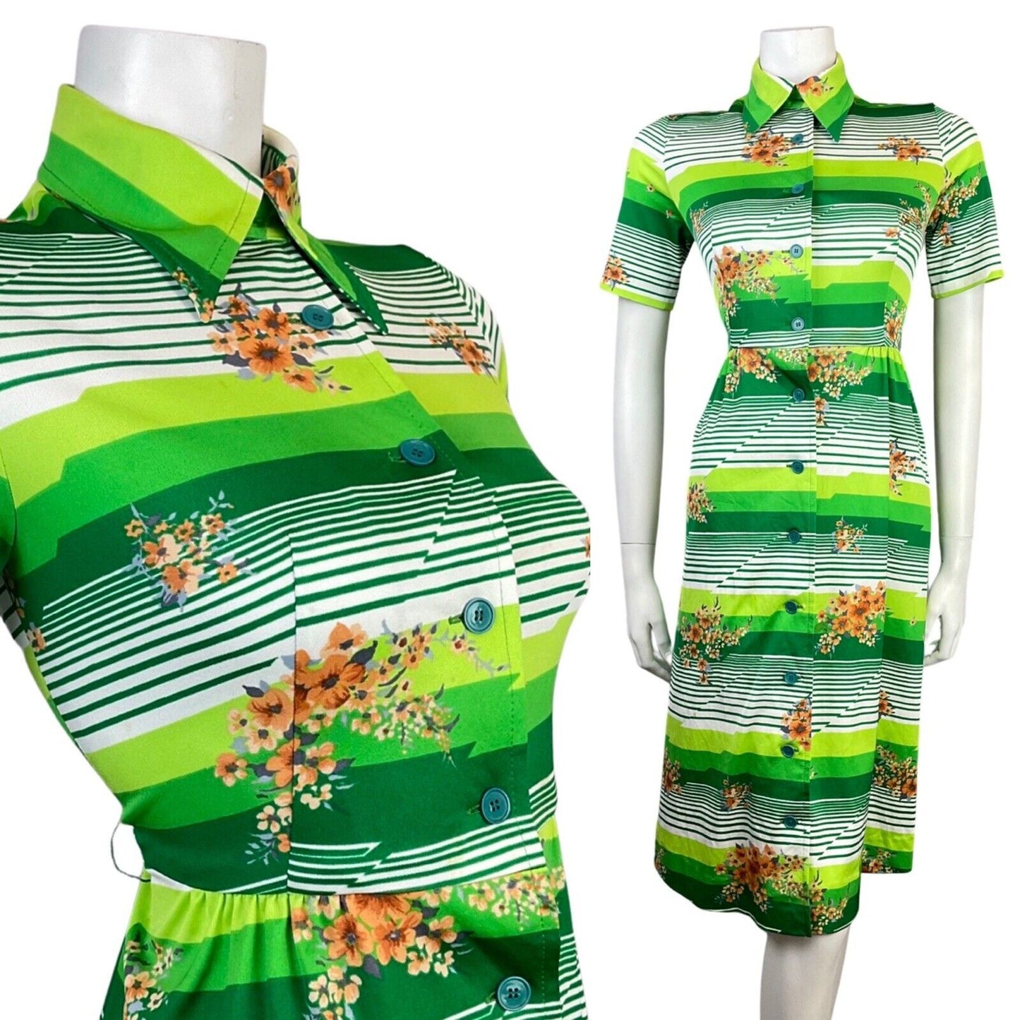 VINTAGE 60s 70s GREEN WHITE ORANGE STRIPED FLORAL MOD DAGGER SHIRT DRESS 8 10