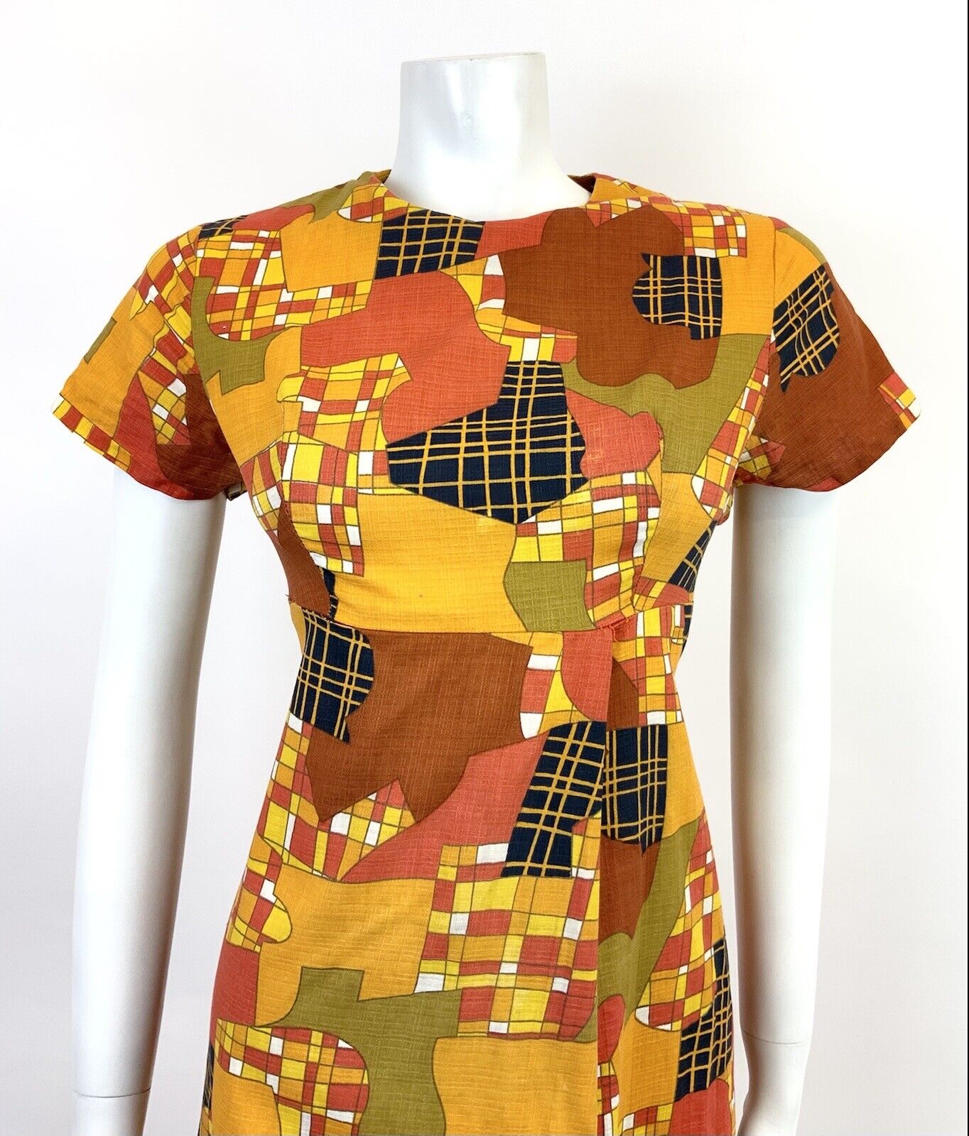 VTG 60s 70s ORANGE YELLOW RED BLACK PSYCHEDELIC CHECKED ABSTRACT MOD DRESS 12