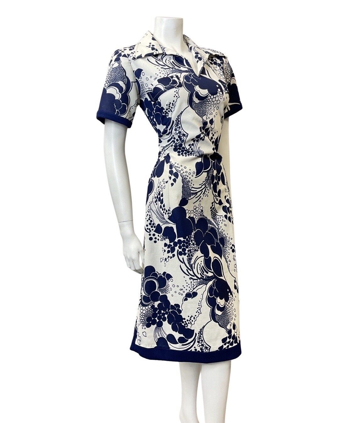VINTAGE 60s 70s BLUE WHITE FLORAL DOTTY SHORT-SLEEVE MOD DAGGER SHIRT DRESS 14