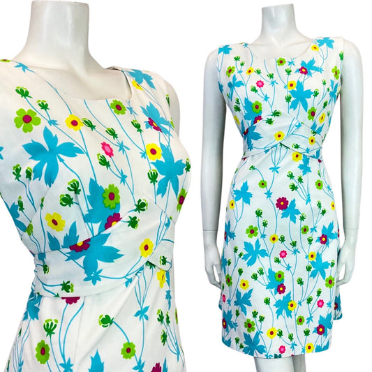 VINTAGE 60s 70s WHITE BLUE GREEN YELLOW FLORAL DAISY MOD SLEEVELESS SUNDRESS 10
