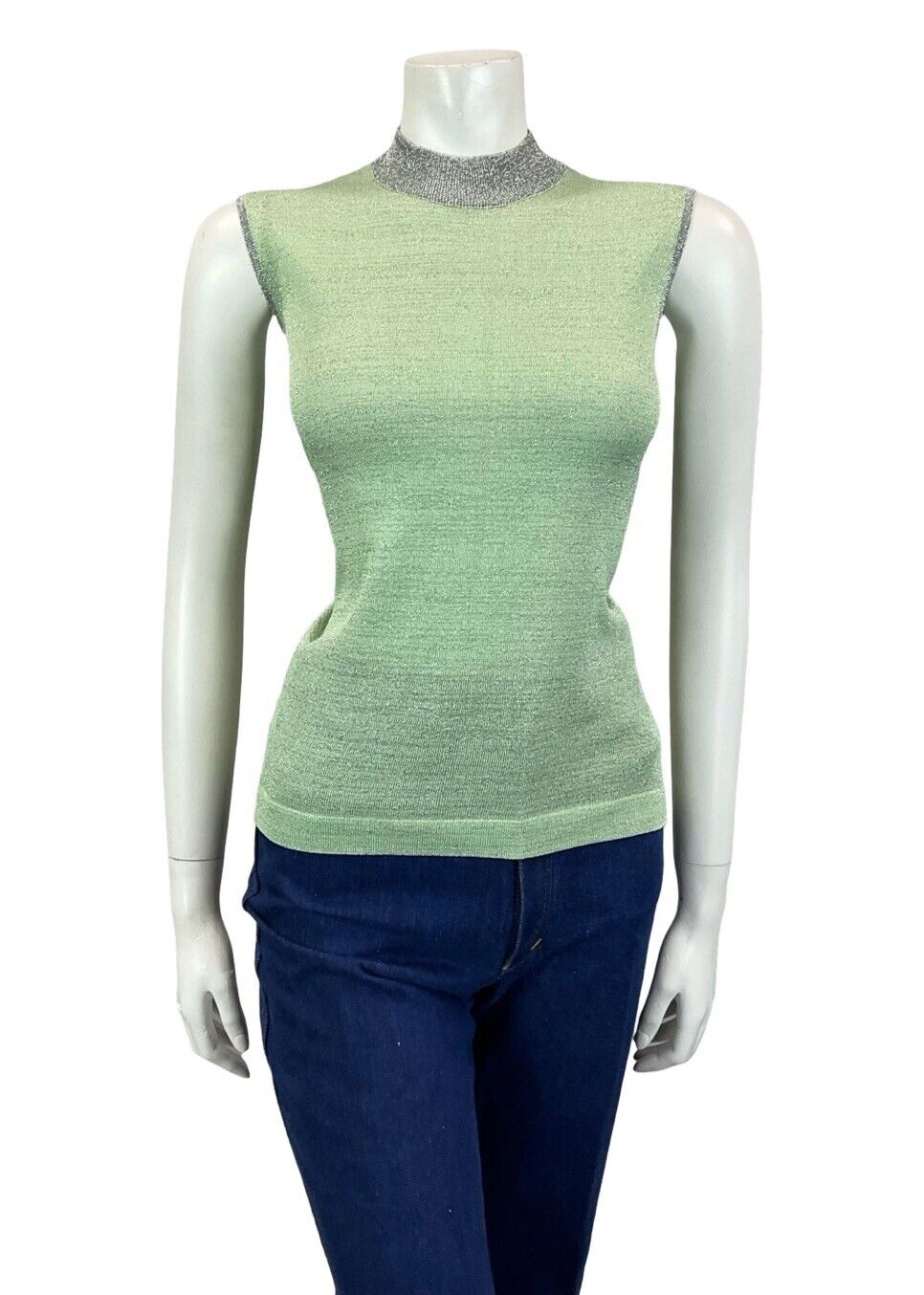 VTG 60S MOD GOGO PASTEL GREEN SILVER LUREX HIGH NECK BOXY PARTY TANK TOP 10