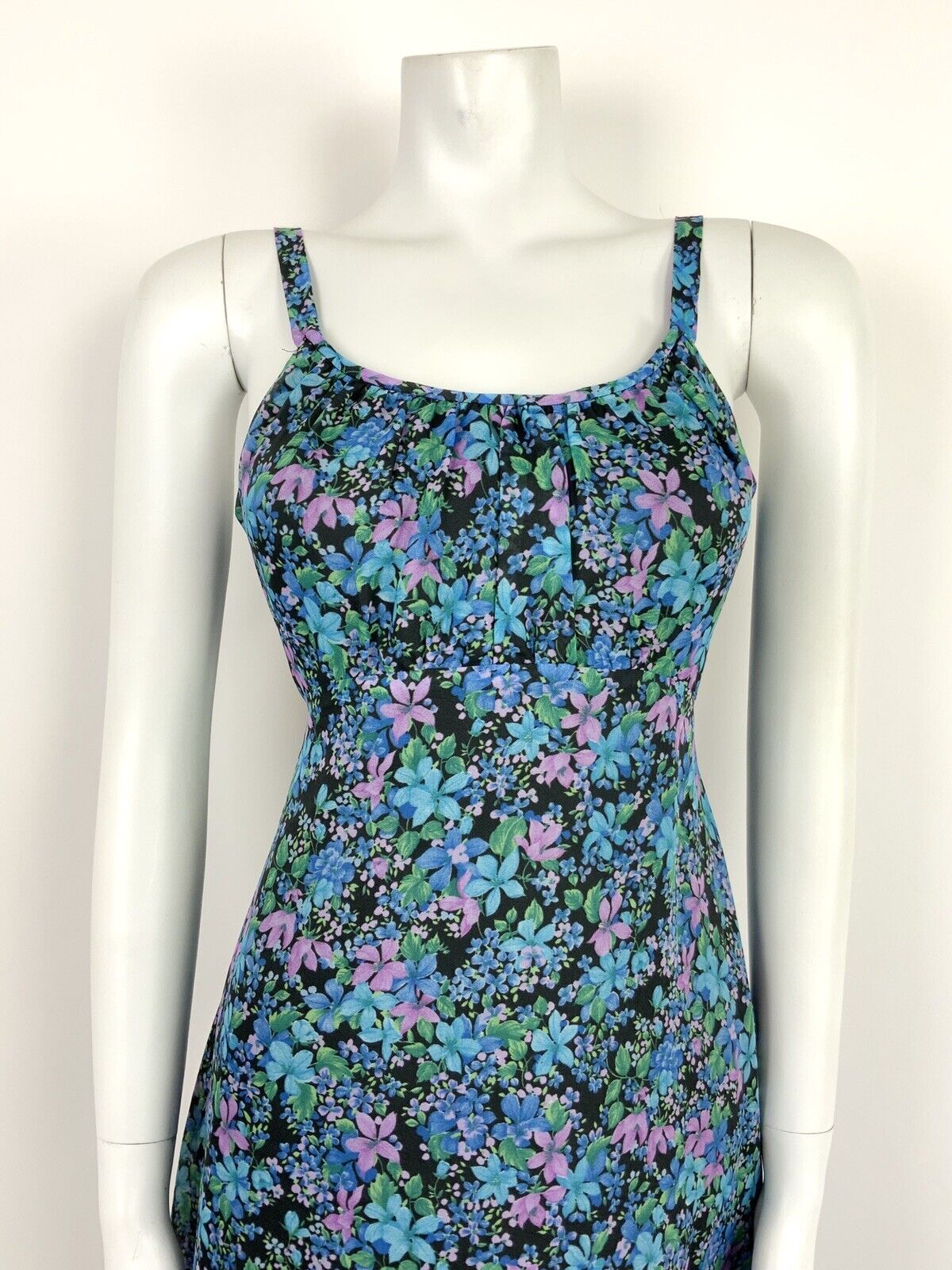 VINTAGE 60s 70s BLUE PINK BLACK GREEN DITSY FLORAL SHEER MAXI DRESS 6