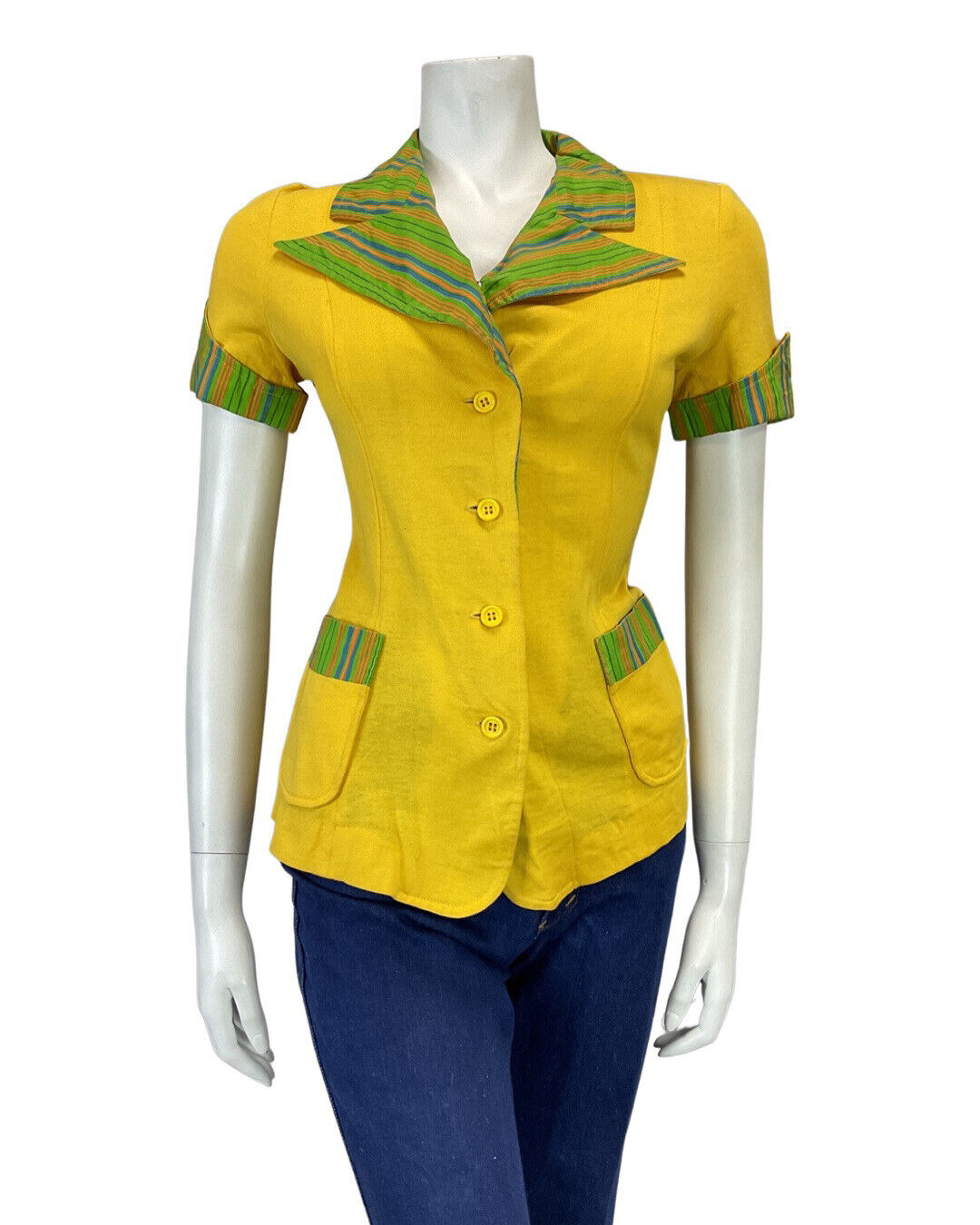 VINTAGE 60s 70s YELLOW GREEN ORANGE STRIPED MOD SHORT SLEEVE BLOUSE 8