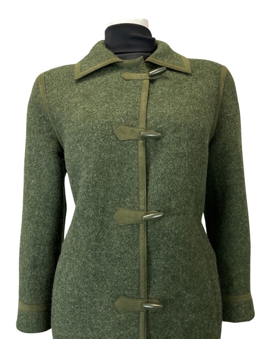 VINTAGE 60s 70s FOREST GREEN TOGGLE STRAIGHT-CUT LONG WOOL COAT 14