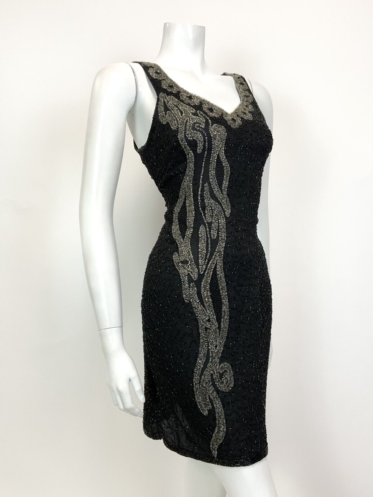 VINTAGE 70s 80s BLACK GREY SILVER BEADED SEQUIN STUDIO 54 GLAM PARTY DRESS 12