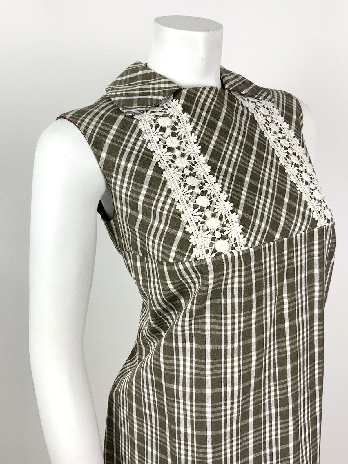 VINTAGE 60s 70s BROWN WHITE PLAID CHECKED LACE MOD SHIFT DRESS 12 14