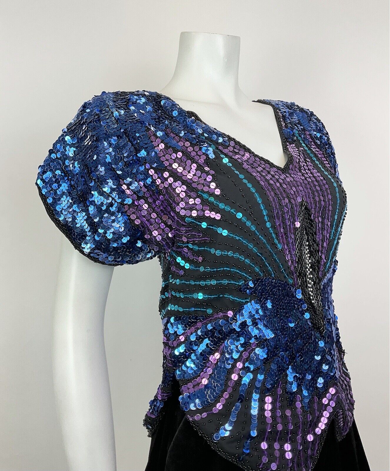 VINTAGE 70s BLUE PURPLE TEAL SEQUIN FLORAL STUDIO 54 DISCO GLAM BLOUSE TOP 8