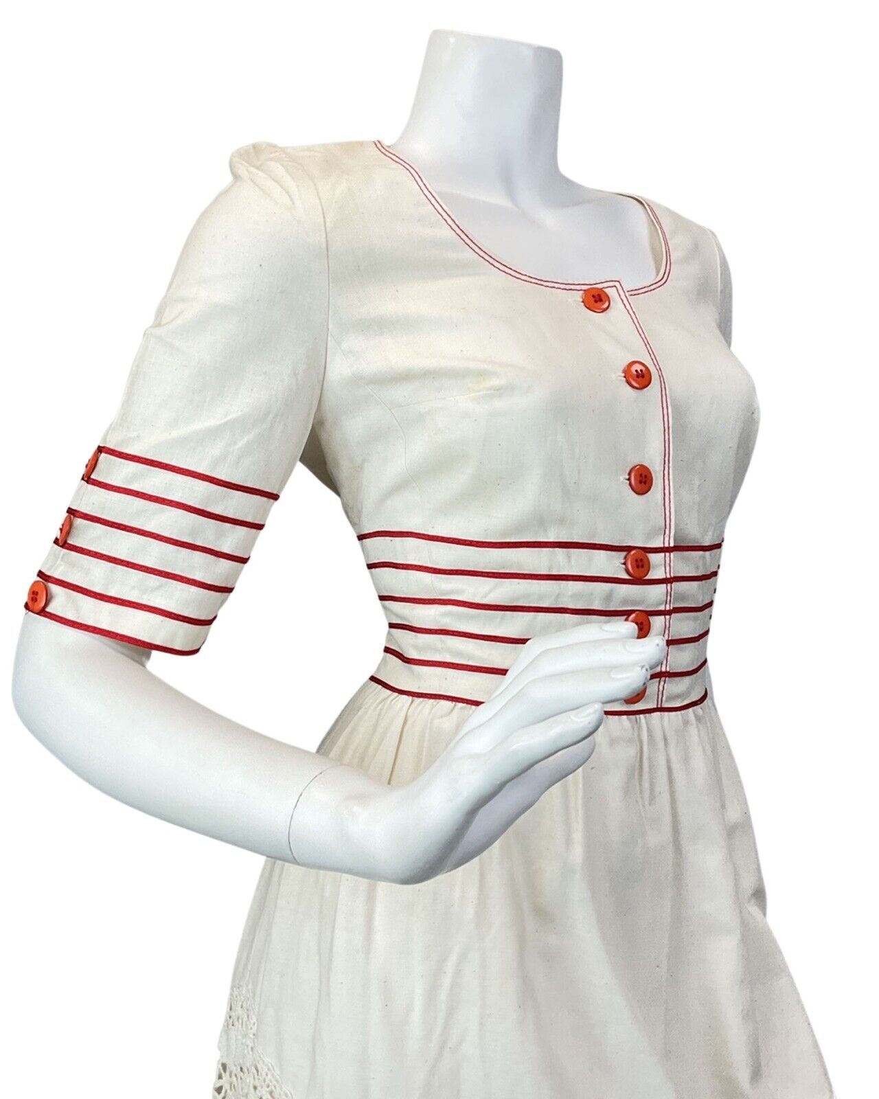 VINTAGE 60s 70s CREAM RED EMBROIDERED LACE STRIPED BOHO FOLK MAXI DRESS 10