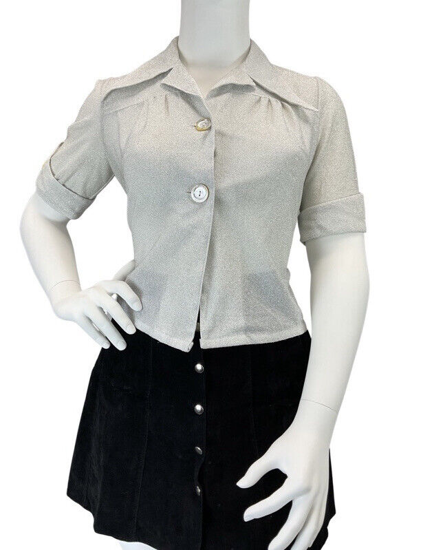 VINTAGE 60s 70s SILVER GLITTER MOD DISCO STUDIO 54 DAGGER COLLAR SHIRT 16 18