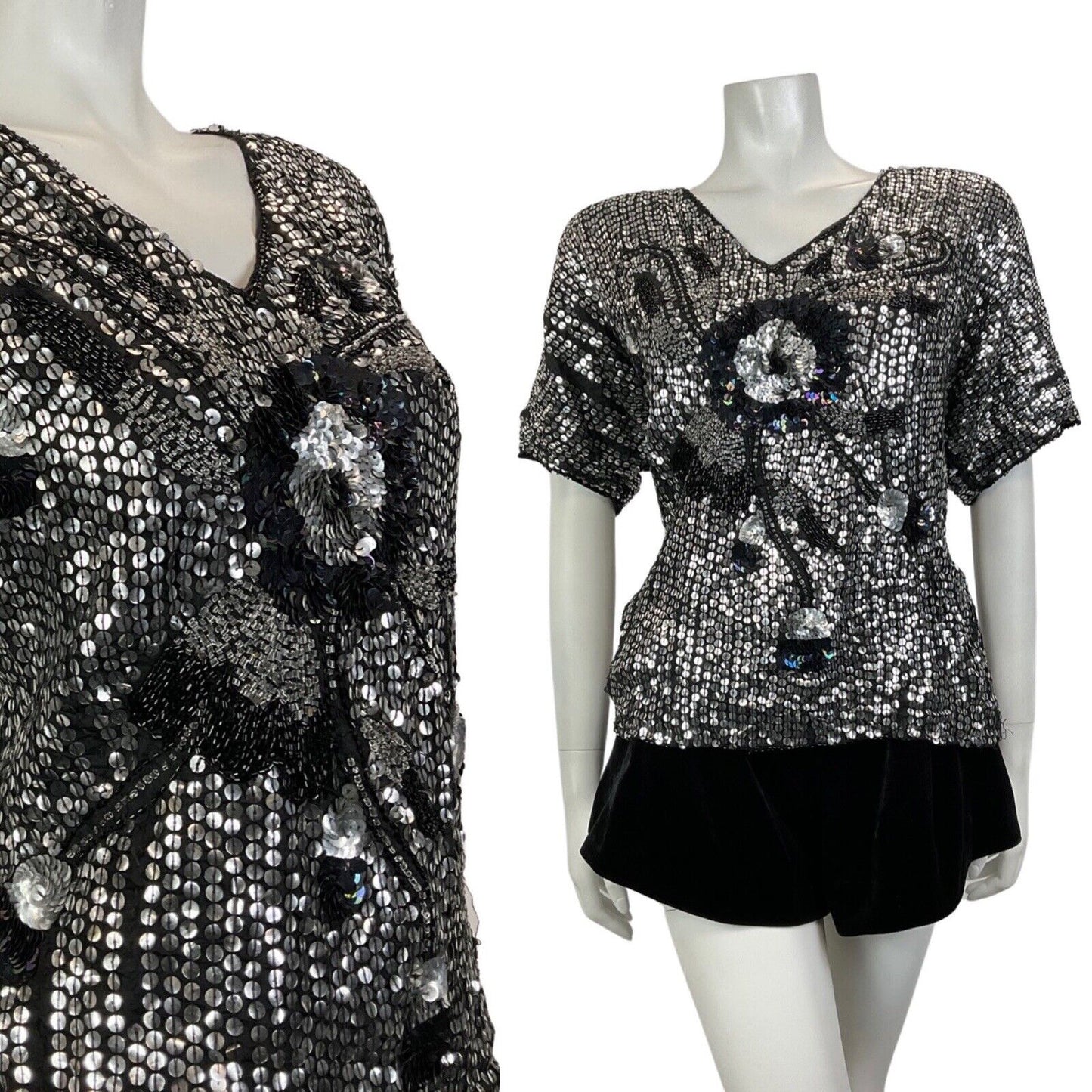 VINTAGE 70s 80s SILVER BLACK SEQUIN BEADED FLORAL DISCO GLAM PARTY TOP 14 16