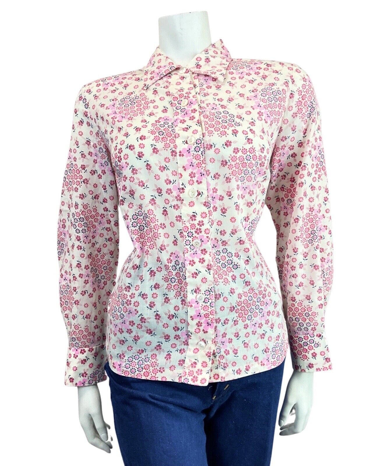 VINTAGE 60s 70s WHITE PINK RED FLORAL DAISY DITSY MOD DAGGER SHIRT BLOUSE 14 16