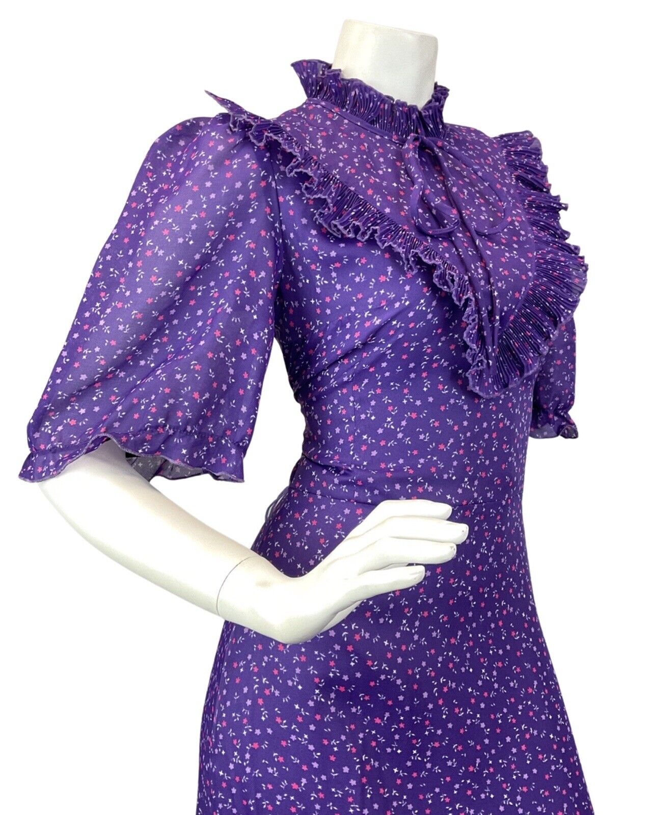 VINTAGE 60s 70s PURPLE PINK WHITE DITSY FLOWER RUFFLE PRAIRIE MAXI DRESS 8 10