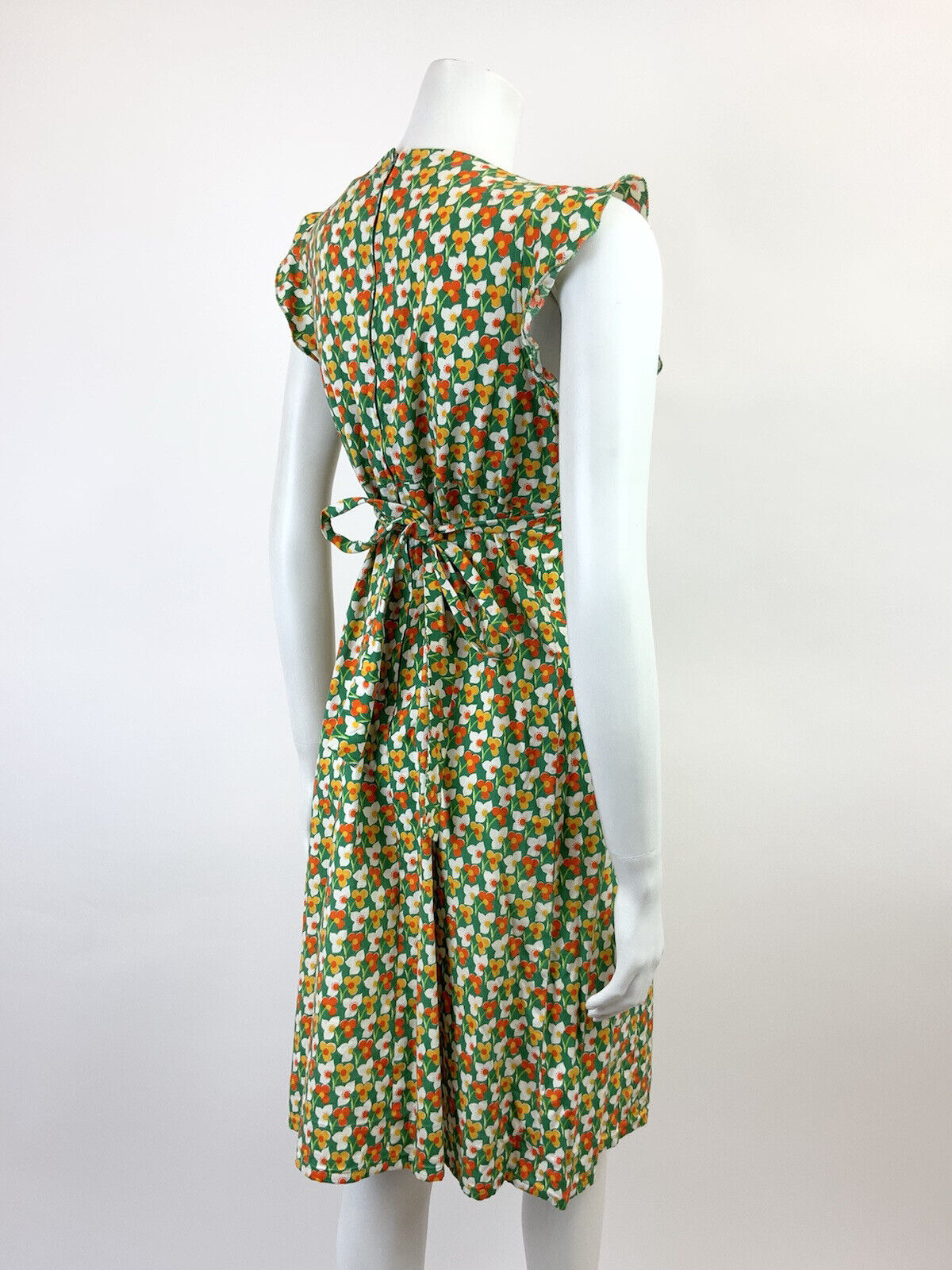 VTG 60s 70s GREEN WHITE ORANGE YELLOW FLORAL MOD SLEEVELESS SUMMER DRESS 12 14