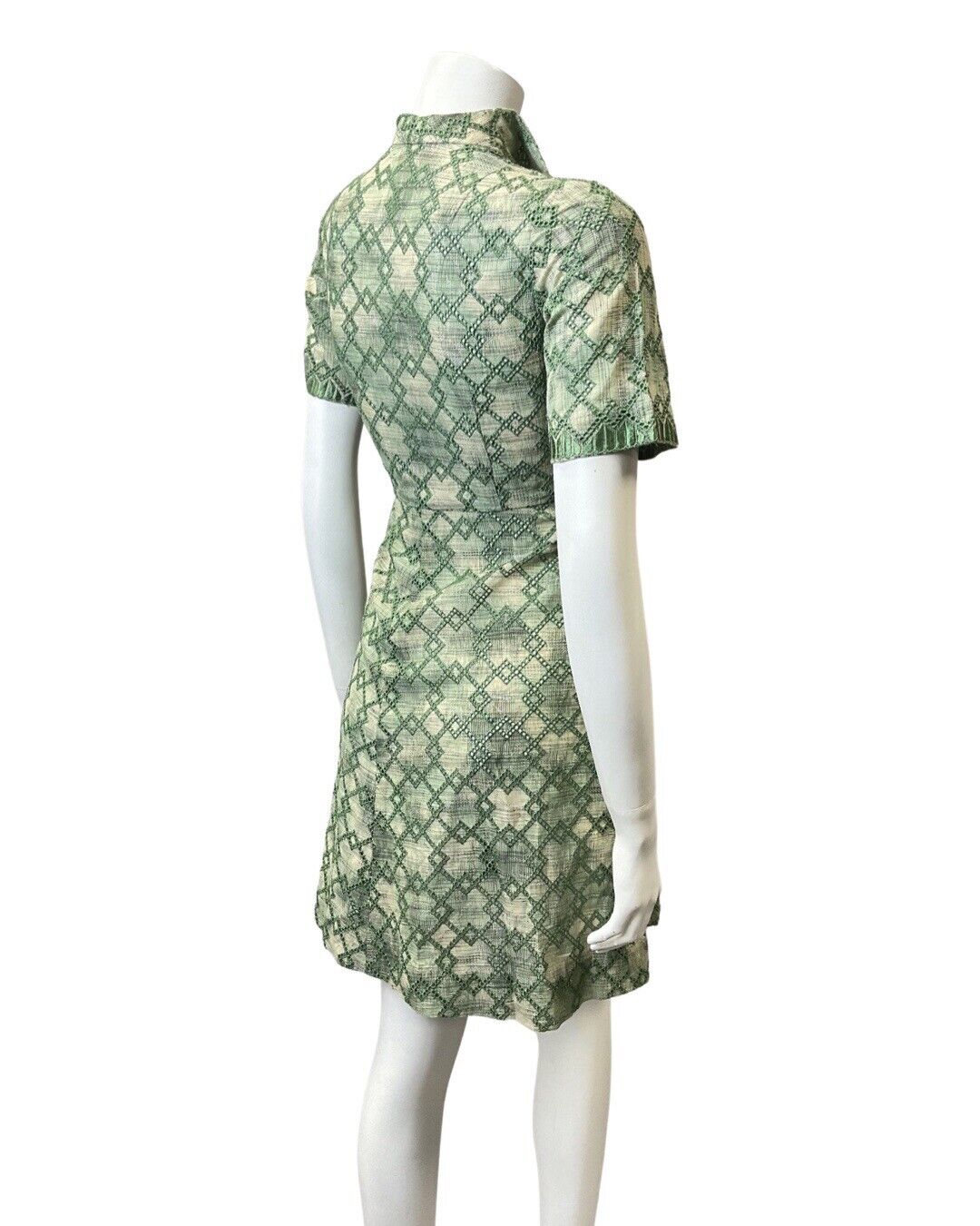 VINTAGE 60s 90s GREEN CREAM DIAMOND EMBROIDERED ANGLAISE MOD SHIRT DRESS 8 10