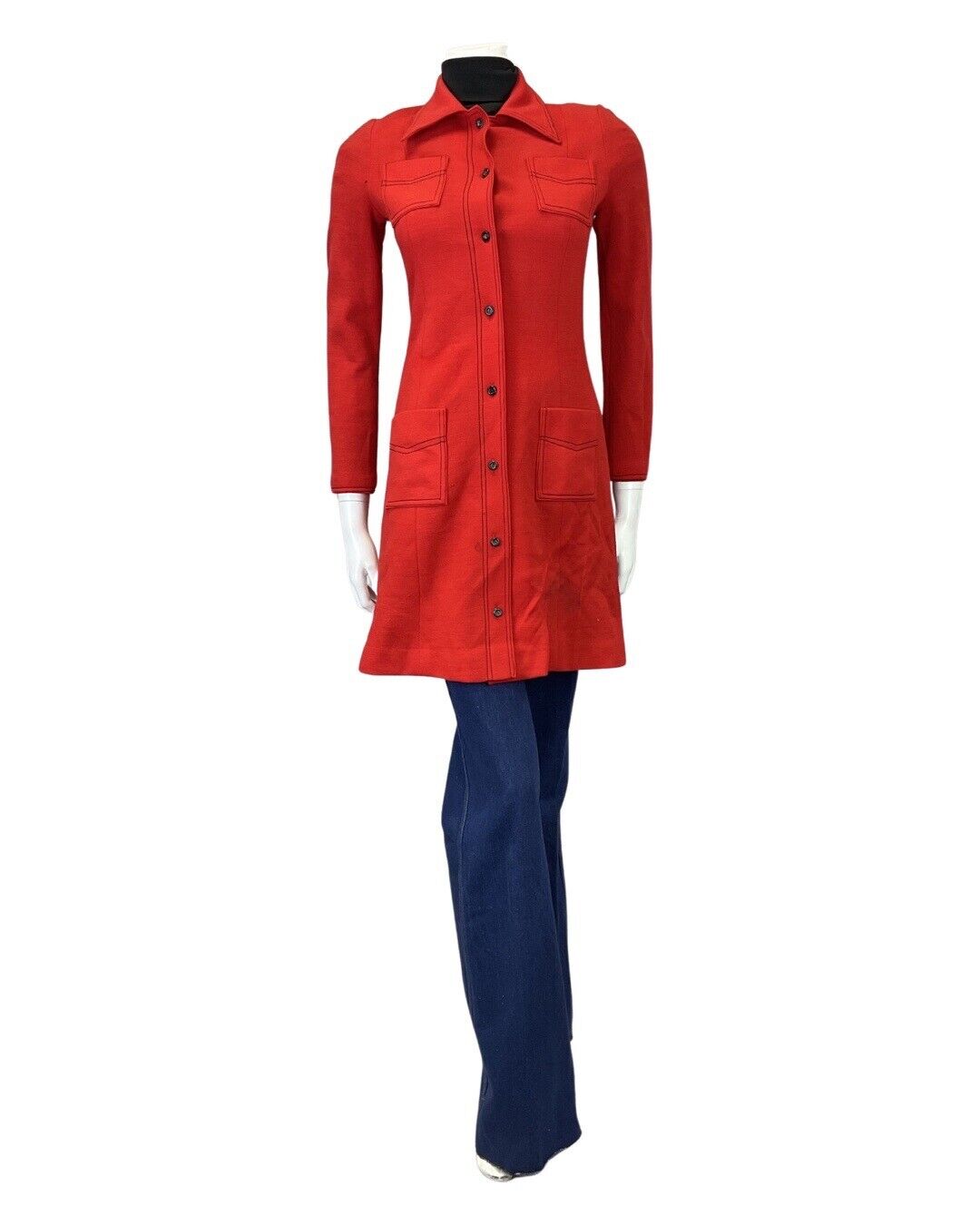 VINTAGE 60s 70s PILLARBOX RED DAGGER COLLAR MOD WOOL PRINCESS DRESS COAT 8 10