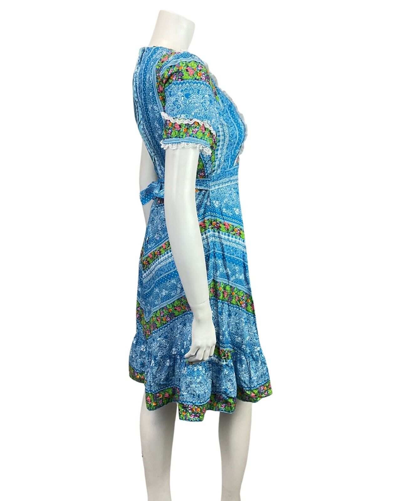 VINTAGE 70s BLUE GREEN WHITE FLORAL BERRY LACE DOTTY FOLK PRAIRIE BOHO DRESS 4