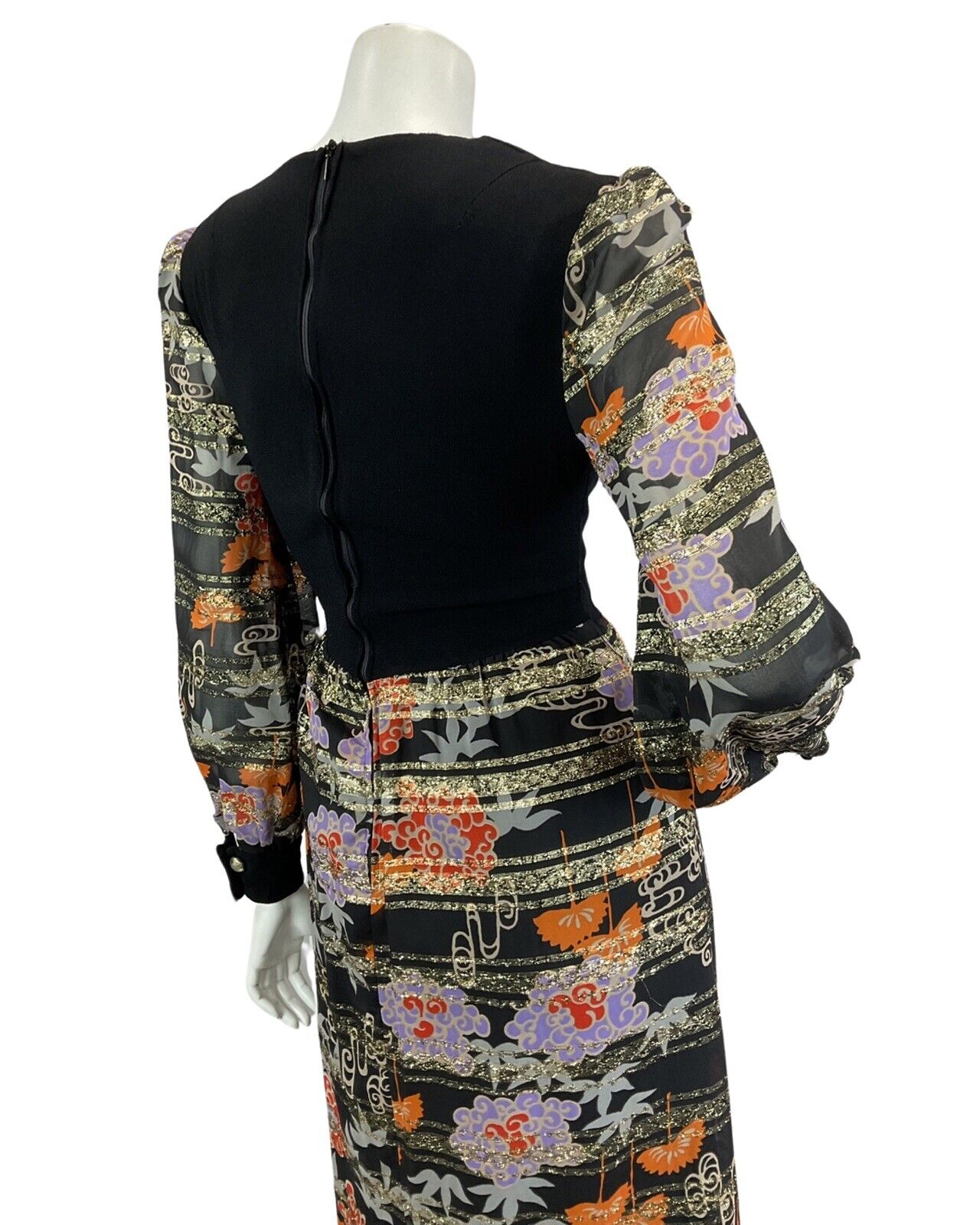 VTG 60s 70s BLACK GOLD ORANGE RED FLORAL METALLIC DISCO PARTY MAXI DRESS 8 10