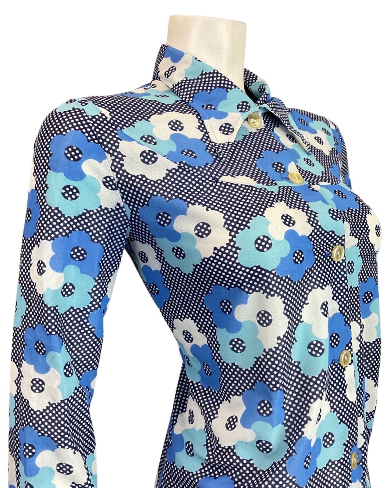 VINTAGE 60s 70s BLUE WHITE POLKA-DOT DAISY FLOWER MOD DAGGER SHIRT DRESS 8 10