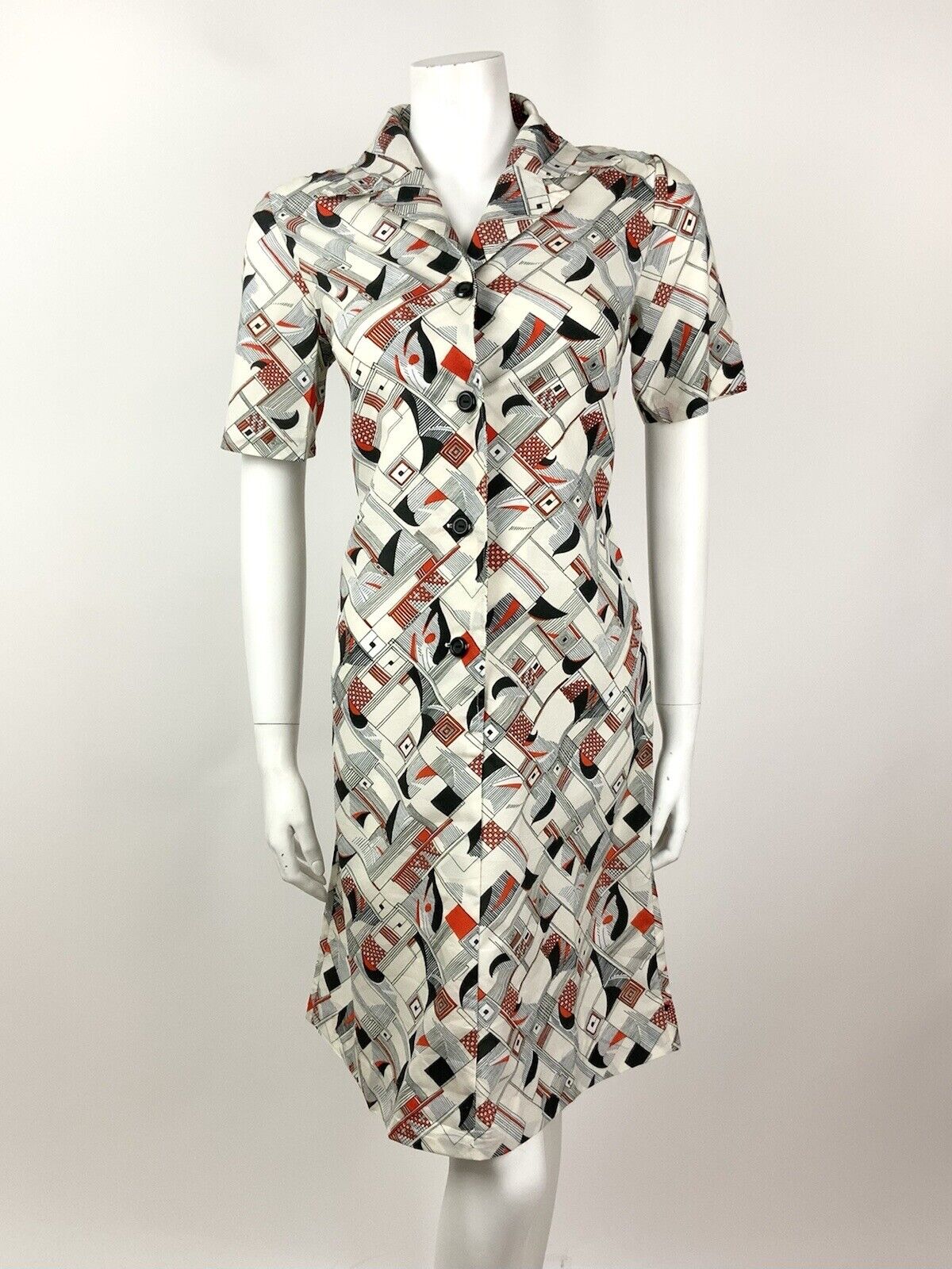 VINTAGE 60s 70s WHITE BLACK RED STRIPE GEOMETRIC CHECKED MOD SHIRT DRESS 12