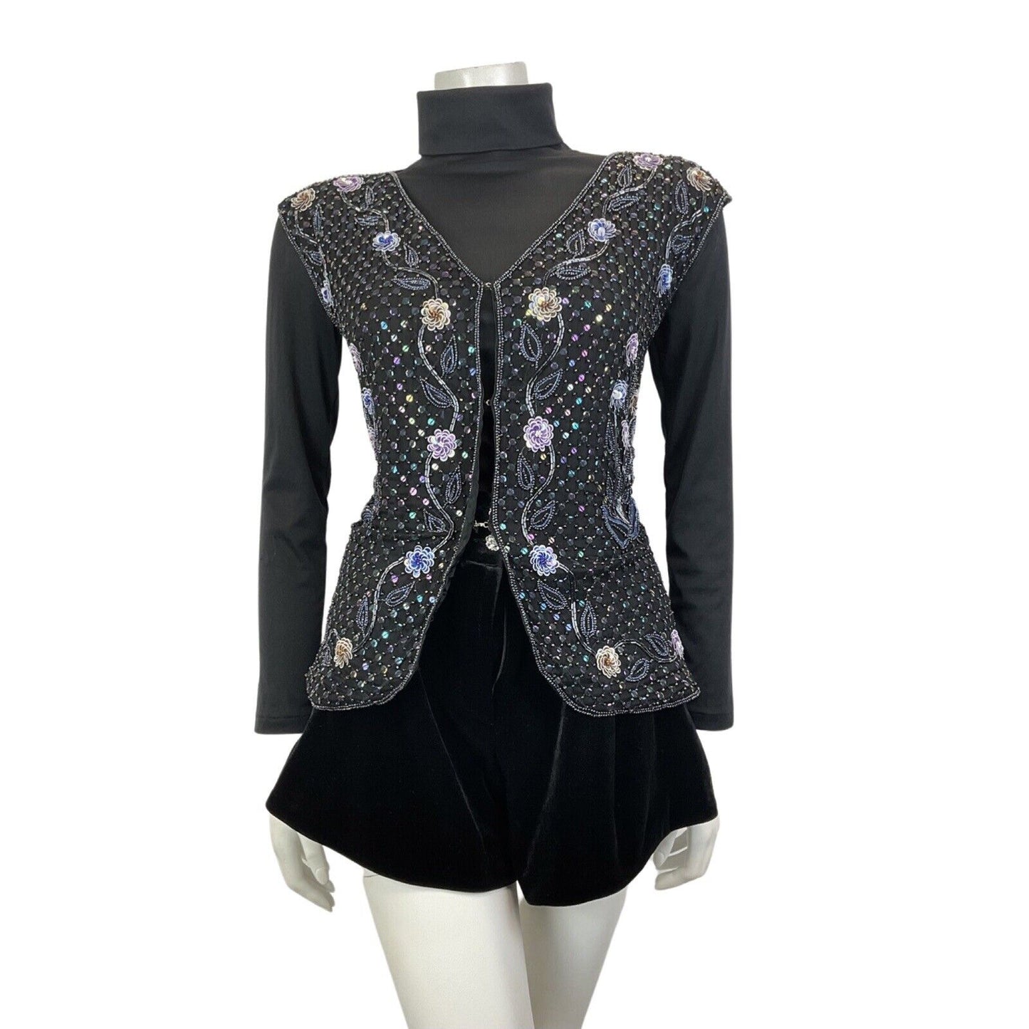 VINTAGE 70s 80s BLACK PURPLE FLORAL SEQUIN BEADED DISCO GLAM WAISTCOAT TOP 12 14