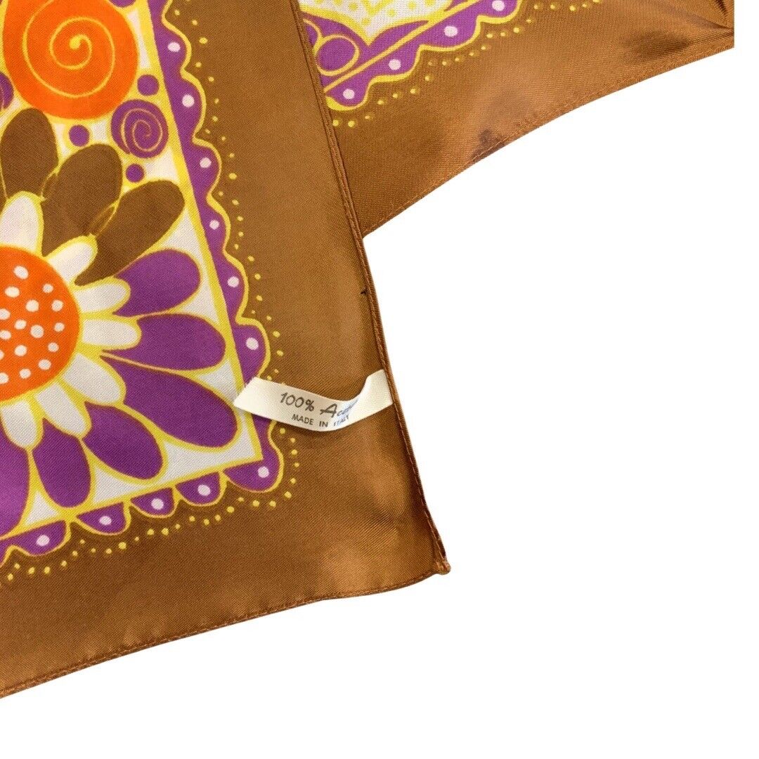 VINTAGE 60s 70s PYSCHEDELIC ORANGE, WHITE AND PURPLE FLOWER POWER FLORAL SCARF