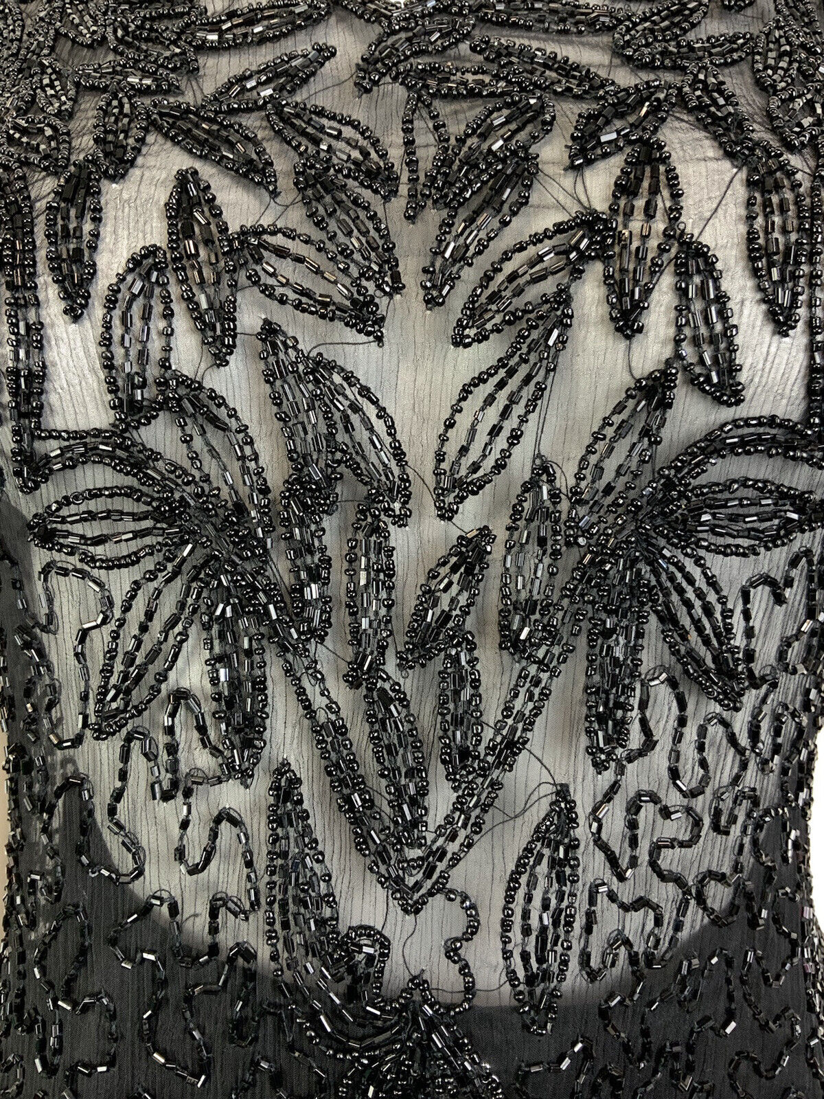 VINTAGE 60s 70s BLACK FLORAL SQUIGGLE SEQUIN BEADED SHEER SLEEVELESS TOP 12 14