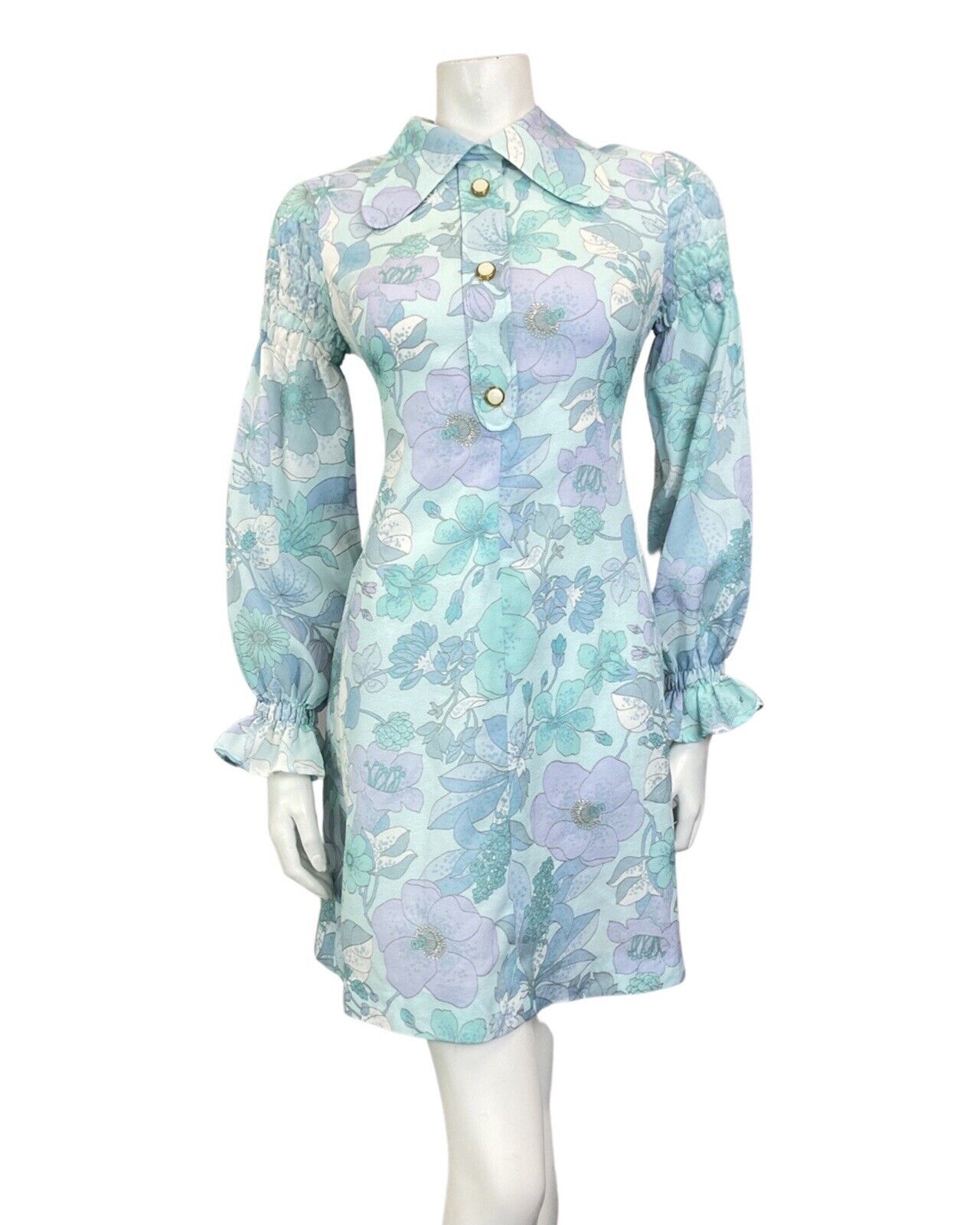 VINTAGE 60s 70s BLUE PURPLE FLORAL JULIET SLEEVE MOD BEAGLE COLLAR DRESS 10 12