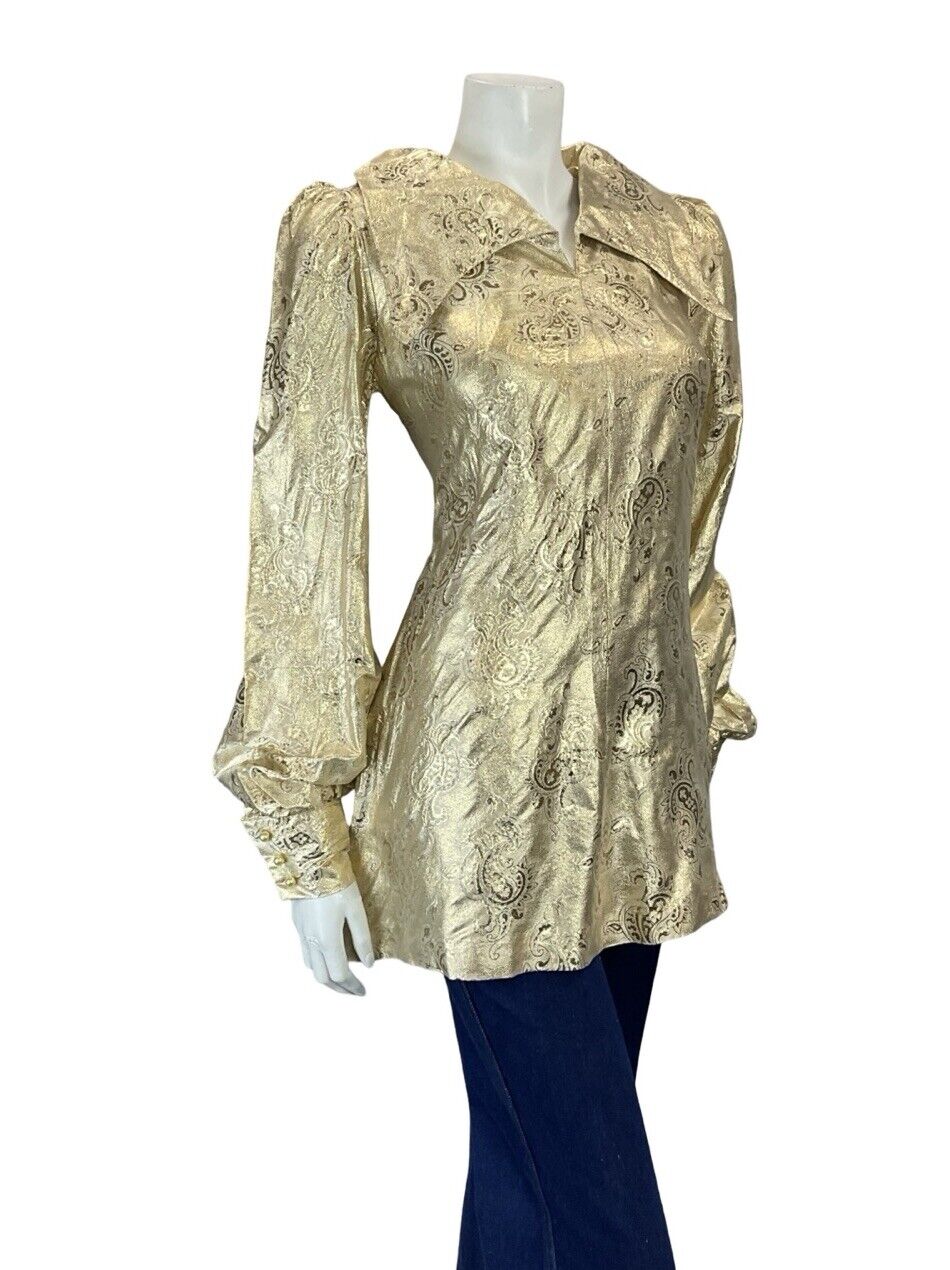VTG 60S 70S GOLD BROCADE OVERSIZED COLLAR BISHOP SLEEVE PAISLEY TUNIC TOP 8 10 S