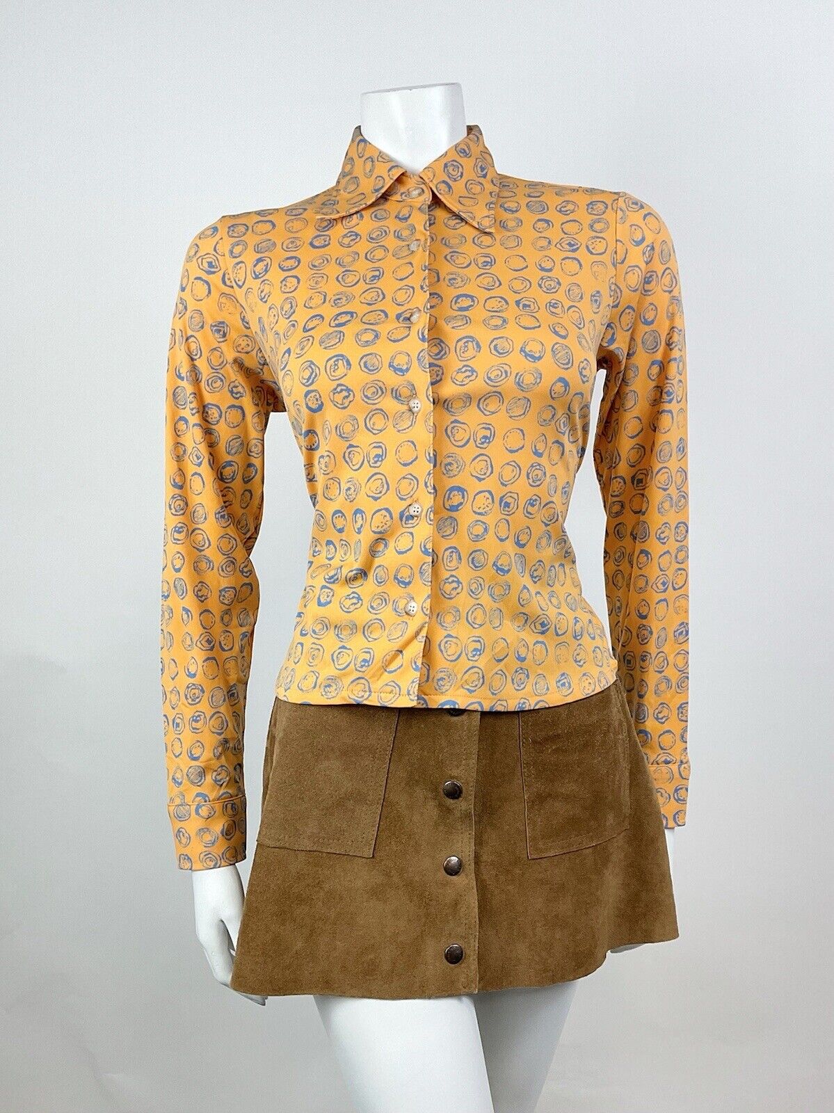 VINTAGE 60s 70s ORANGE BLUE PSYCHEDELIC CIRCLE DOTTY DAGGER SHIRT BLOUSE 8 10
