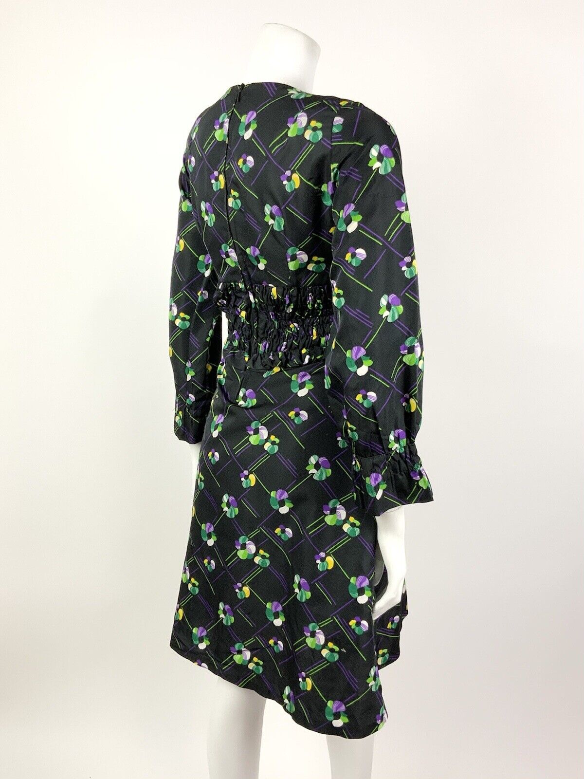 VINTAGE 60s 70s BLACK PURPLE GREEN CHECKED FLORAL SHIRRED SWEETHEART DRESS 10