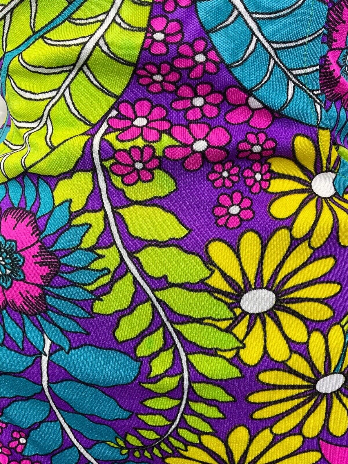 VINTAGE 60s 70s PURPLE YELLOW BLUE PSYCHEDELIC FLORAL SKIRTED SWIMSUIT 16 18