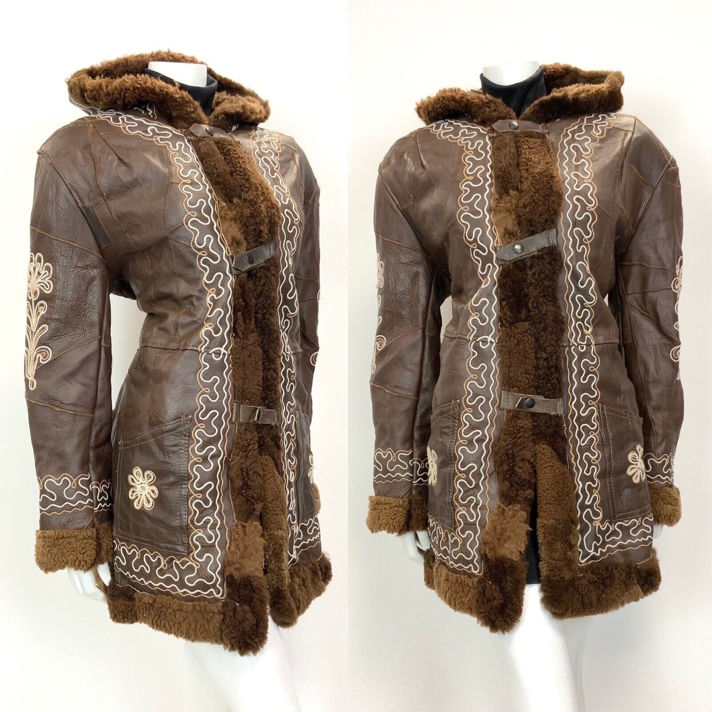 VTG 60s 70s BROWN WHITE EMBROIDERED FLORAL PATCHWORK HOODED LEATHER COAT 16 18