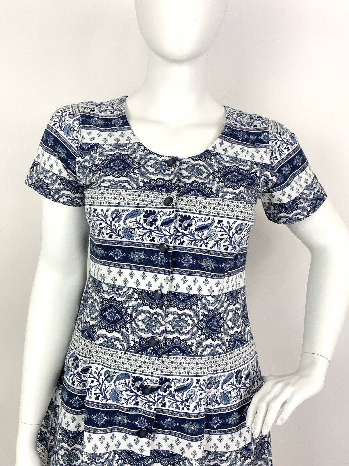 VINTAGE 60s 70s WHITE NAVY BLUE STRIPED FLORAL FOLK MOD SHORT DRESS 16