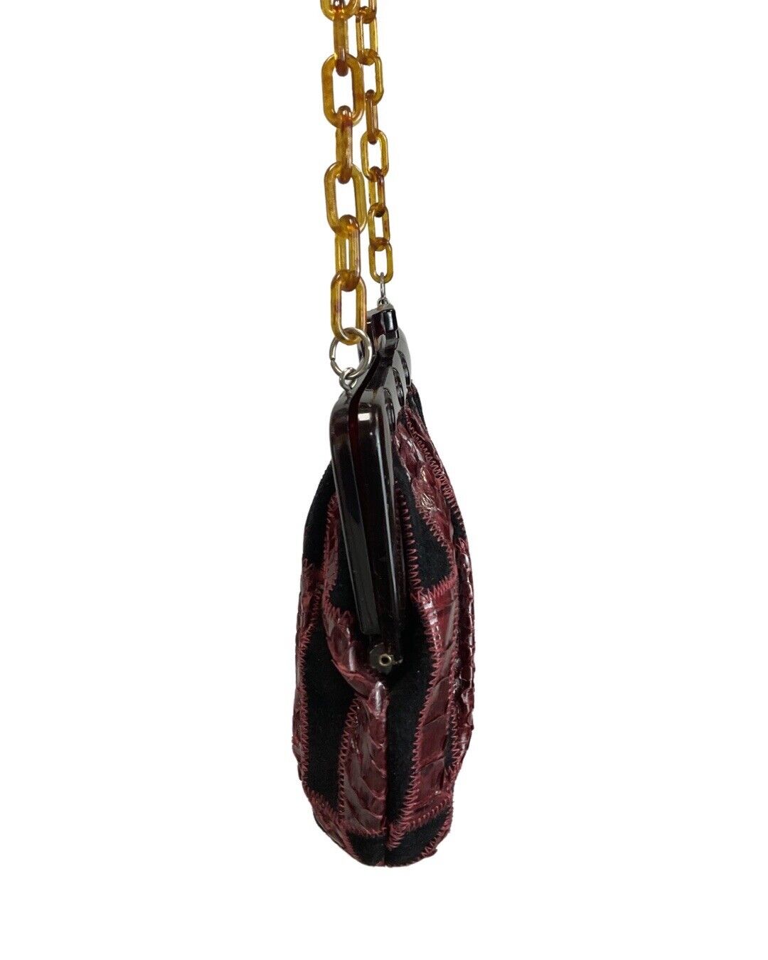 VINTAGE 60s 70s BLACK BURGUNDY SNAKESKIN SUEDE PVC CHAIN MOD CLASP SHOULDER BAG