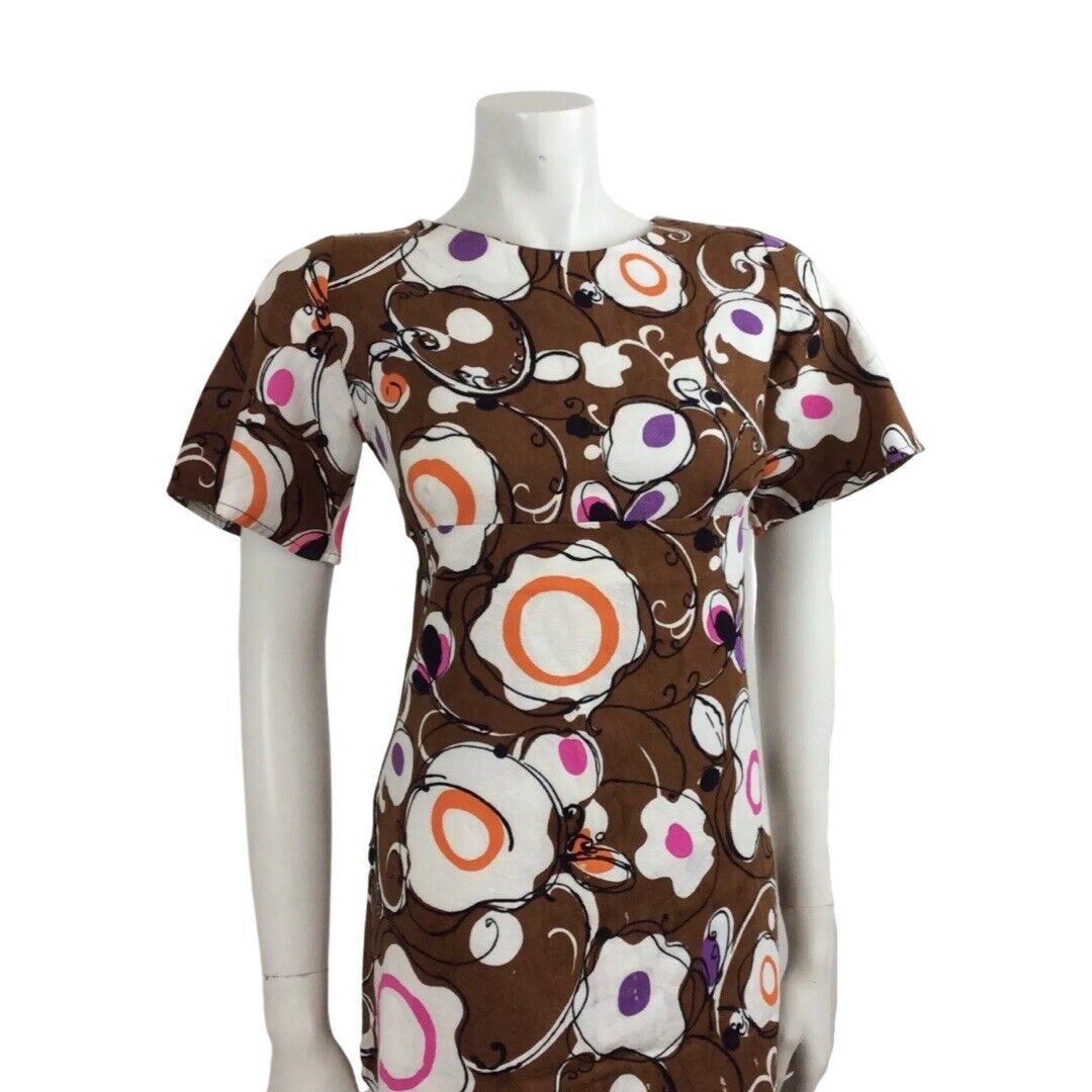 60S VINTAGE PSYCHEDELIC BROWN PURPLE PINK ORANGE DRESS 10 12