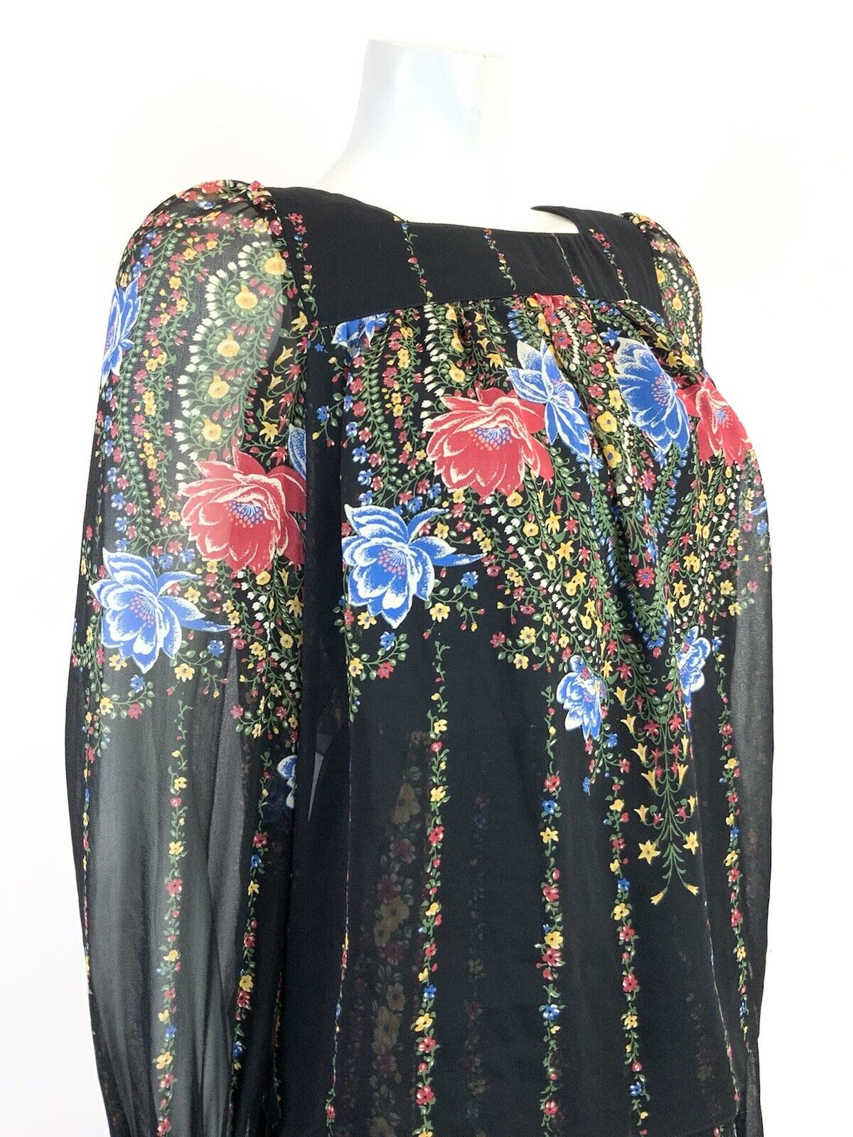 VTG 60s 70s BLACK RED BLUE FLORAL STRIPED MANDALA FOLK BOHO BLOUSON DRESS 10