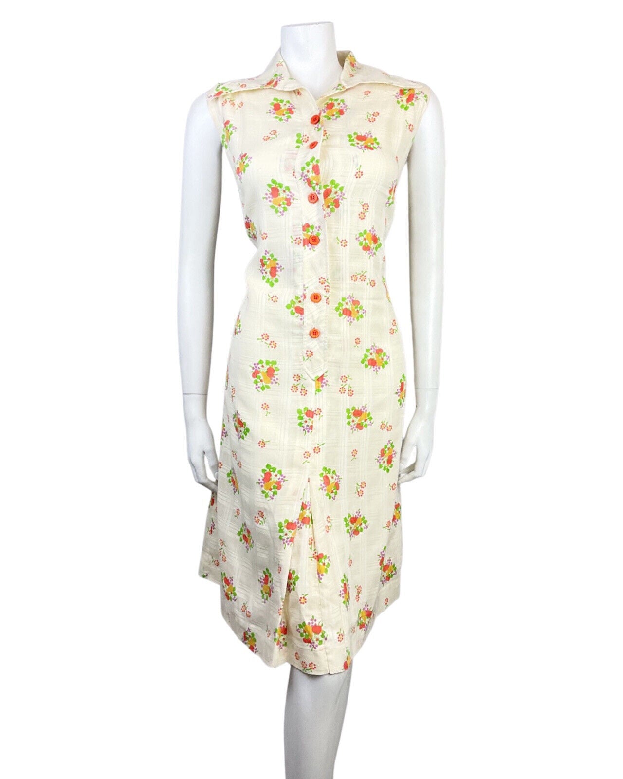 VINTAGE 60s 70s CREAM RED GREEN FLOWER APPLE PEAR MOD DAGGER SHIRT DRESS 14 16