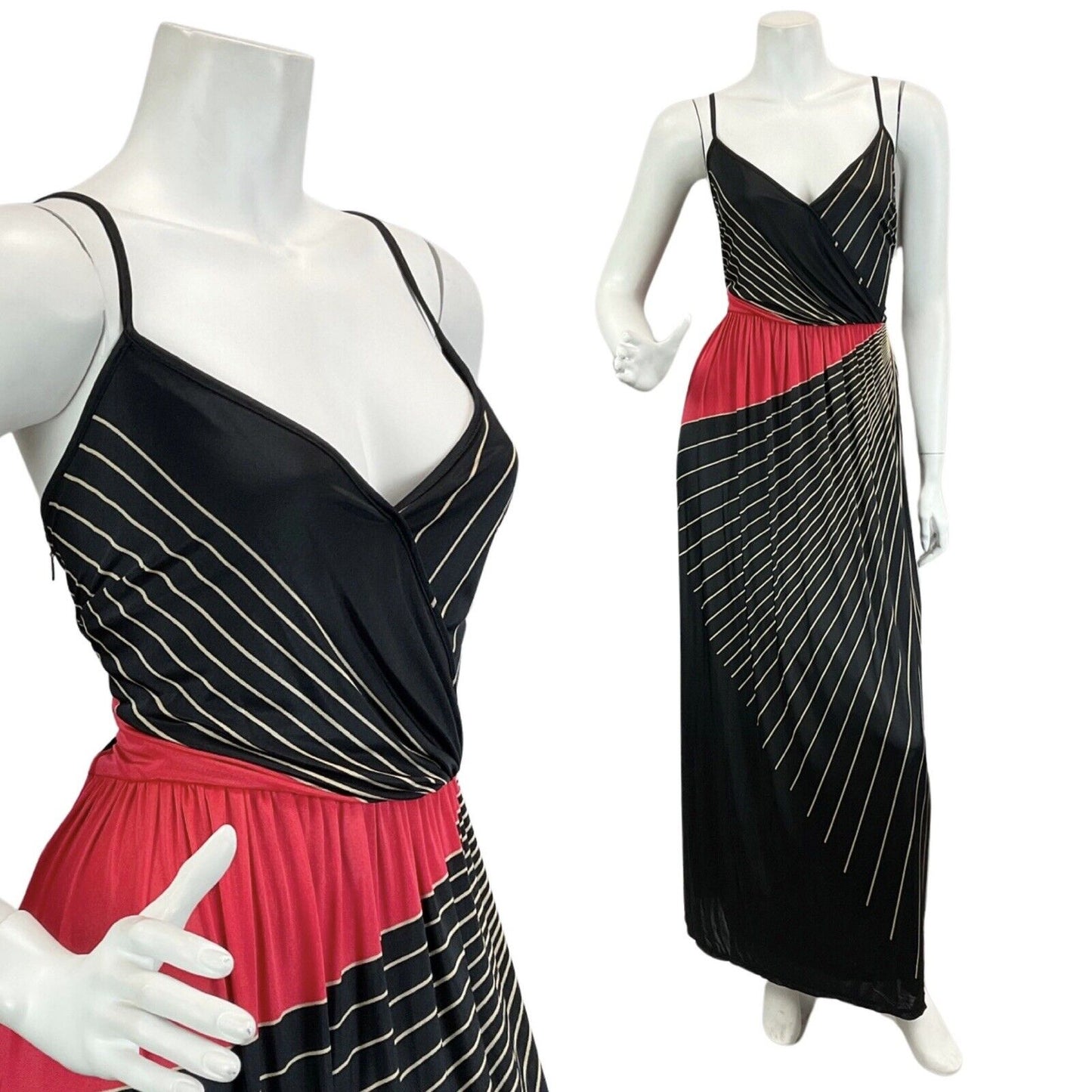VINTAGE 60s 70s BLACK RED GOLD ABSTRACT PRINT DISCO BOHO FOLK MAXI DRESS 10