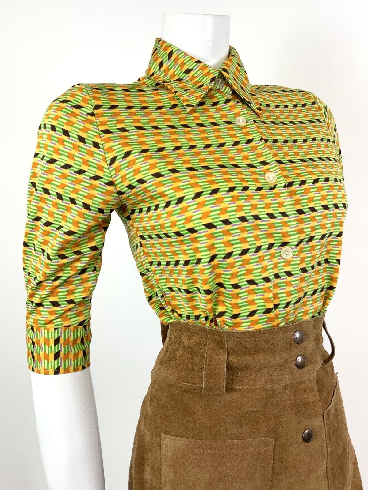 VTG 60s 70s GREEN ORANGE PURPLE GEOMETRIC STRIPED ZIG-ZAG DAGGER SHIRT 8 10