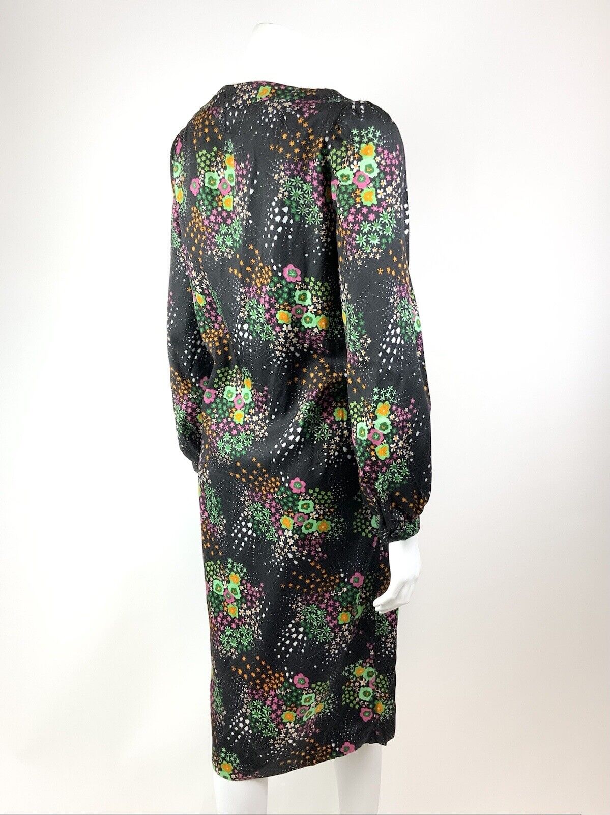 VTG 60s 70s BLACK GREEN PINK WHITE DOTTY FLORAL PSYCHEDELIC SHIFT DRESS 14 16