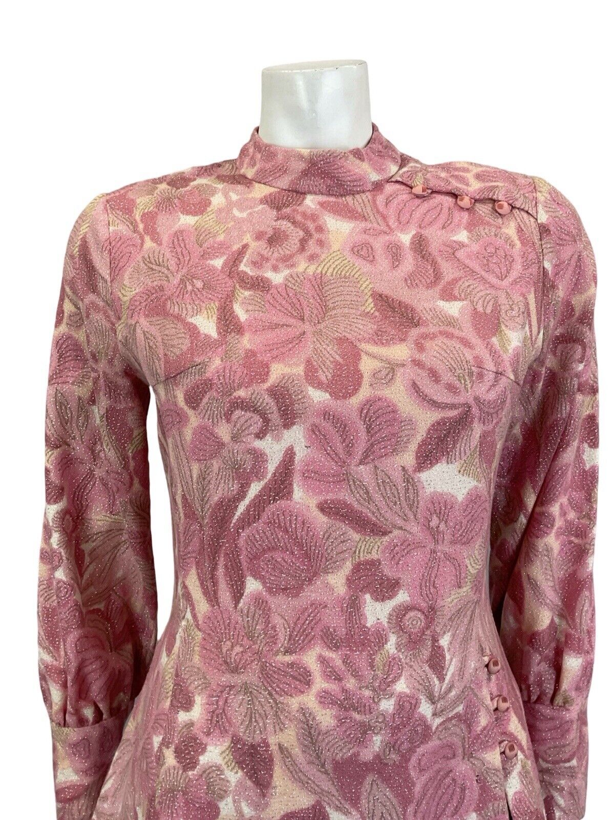 VTG 60S HIPPY PINK CREAM SPARKLING HIGH NECK BISHOP SLEEVE TUNIC PARTY TOP 8