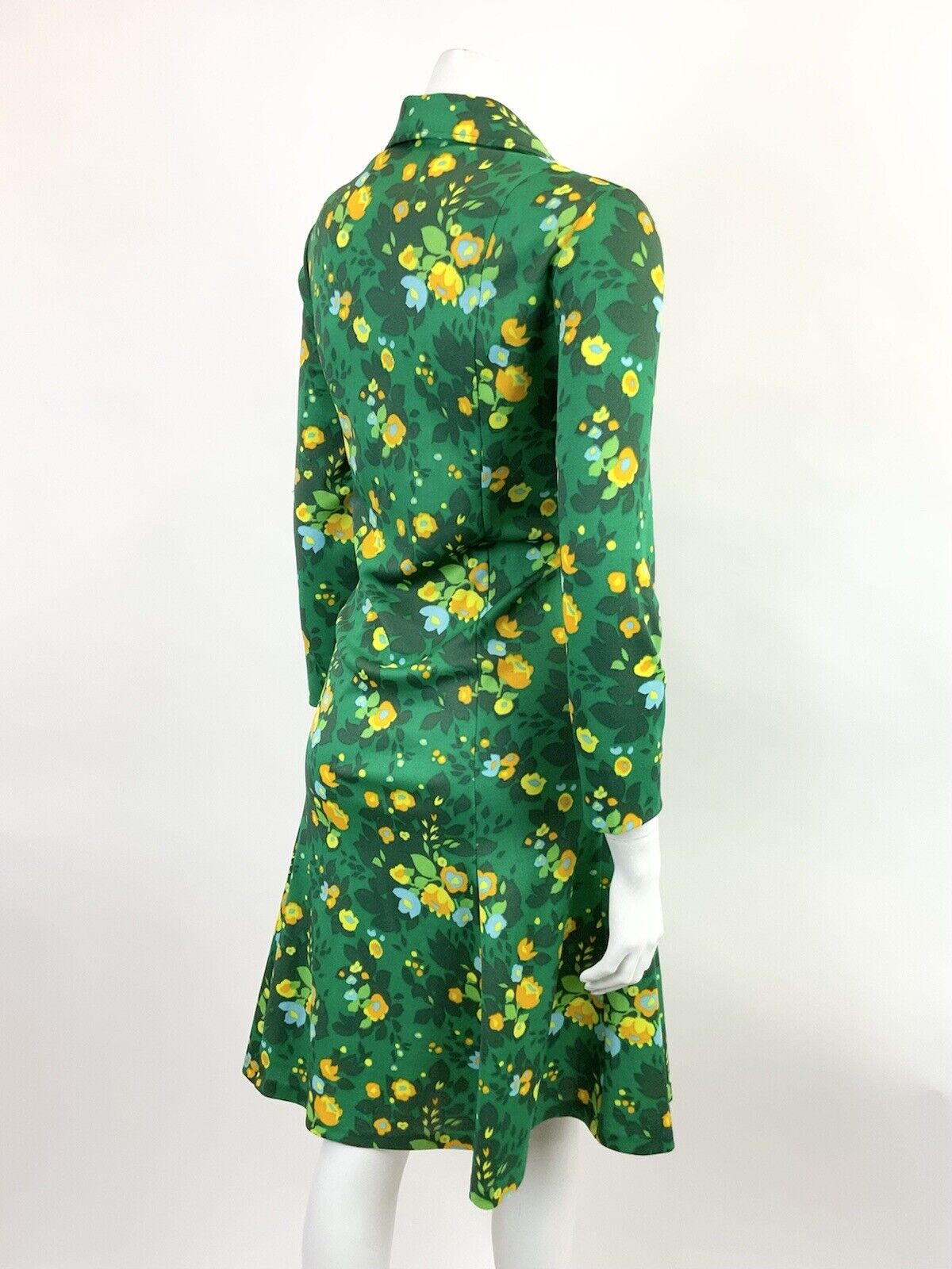 VTG 60s 70s GREEN YELLOW ORANGE FLORAL LEAFY PSYCHE DAGGER SHIRT DRESS 16 18